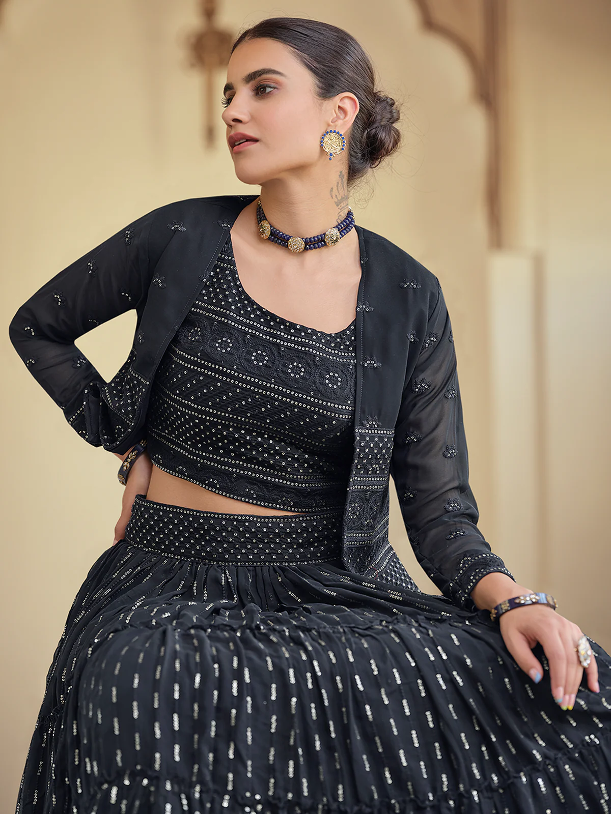 Odette Women Dark Blue Embroidered Georgette Semi Stitched Lehenga With Unstitched Blouse - Image 4