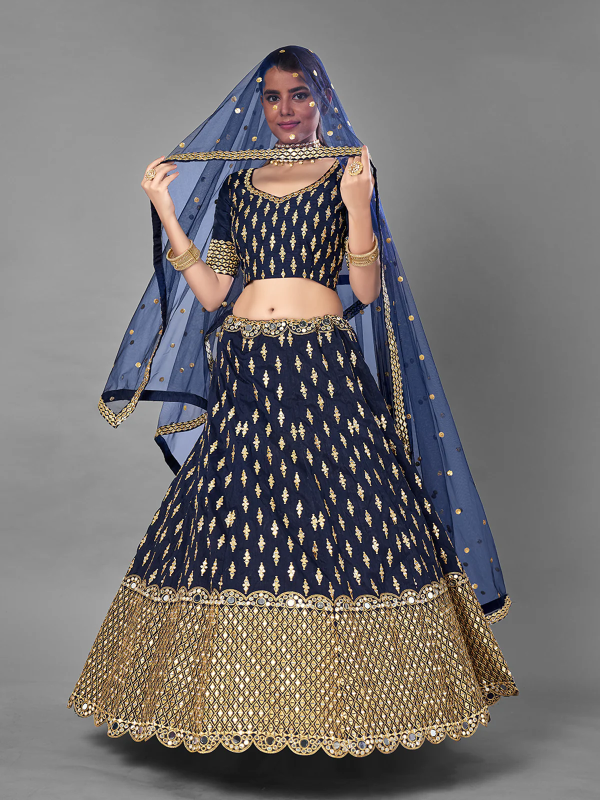 Odette Women Dark Blue Art Silk Semi Stitched Lehenga With Unstitched Blouse - Image 2