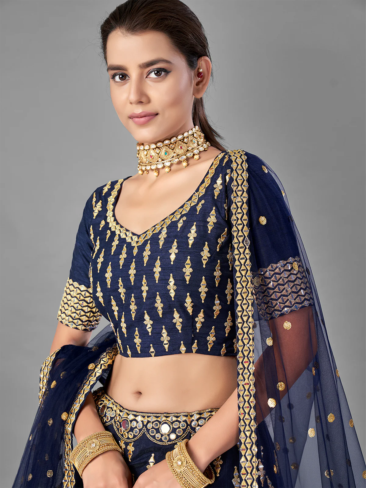 Odette Women Dark Blue Art Silk Semi Stitched Lehenga With Unstitched Blouse - Image 4