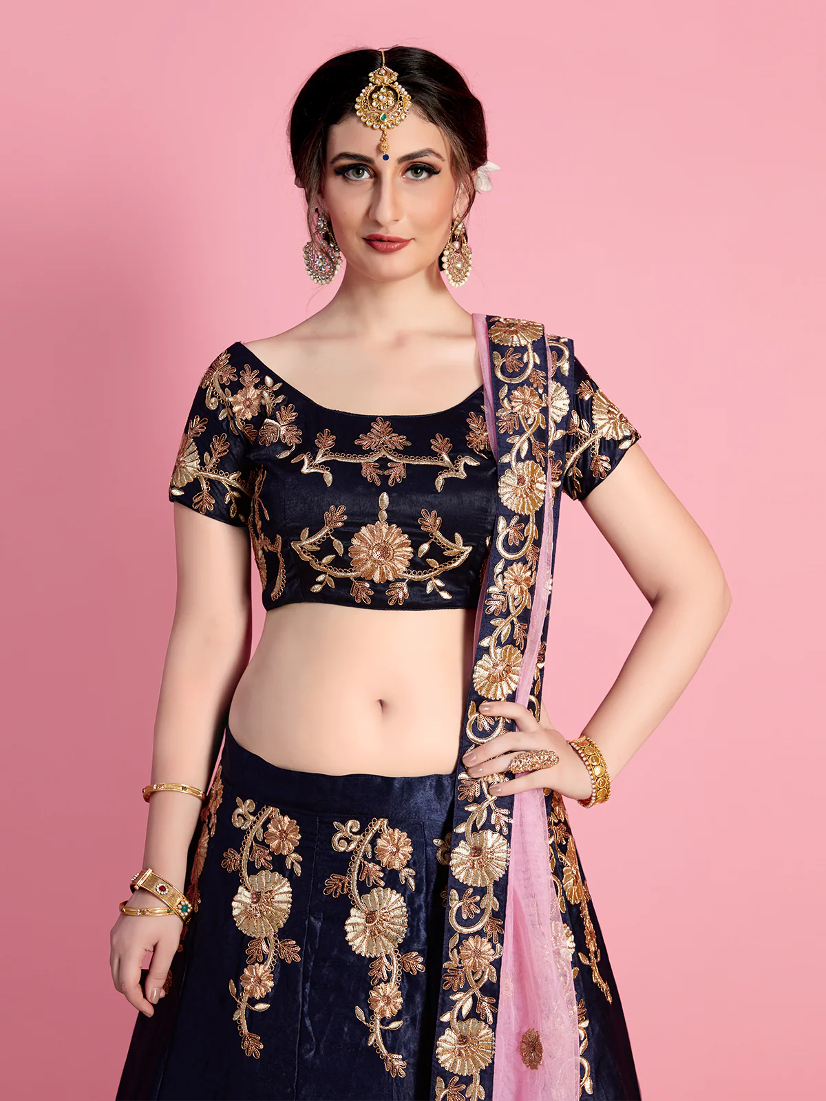 Odette Women Dark Blue Embroidered Velvet Silk Semi Stitched Lehenga With Unstitched Blouse - Image 3