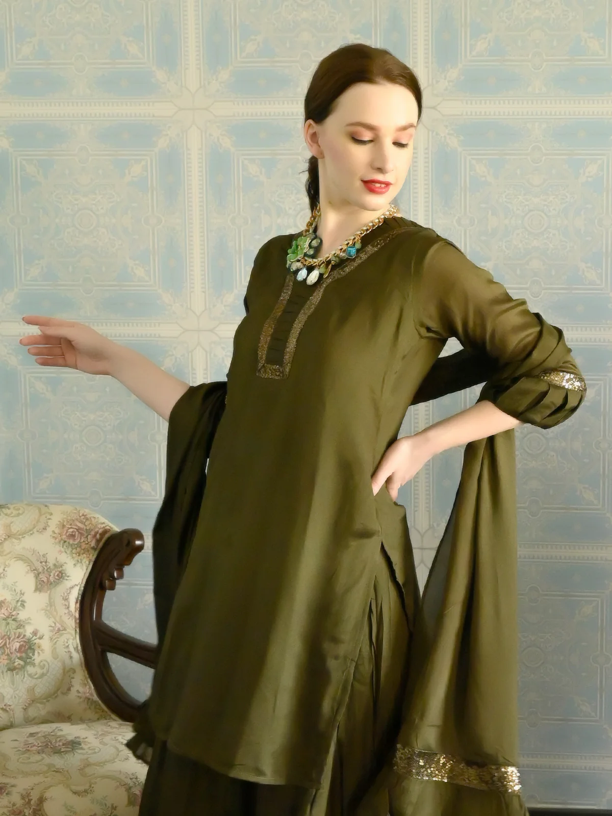 Odette Women Dark Green Crepe Designer Stitched Kurta Set - Image 2