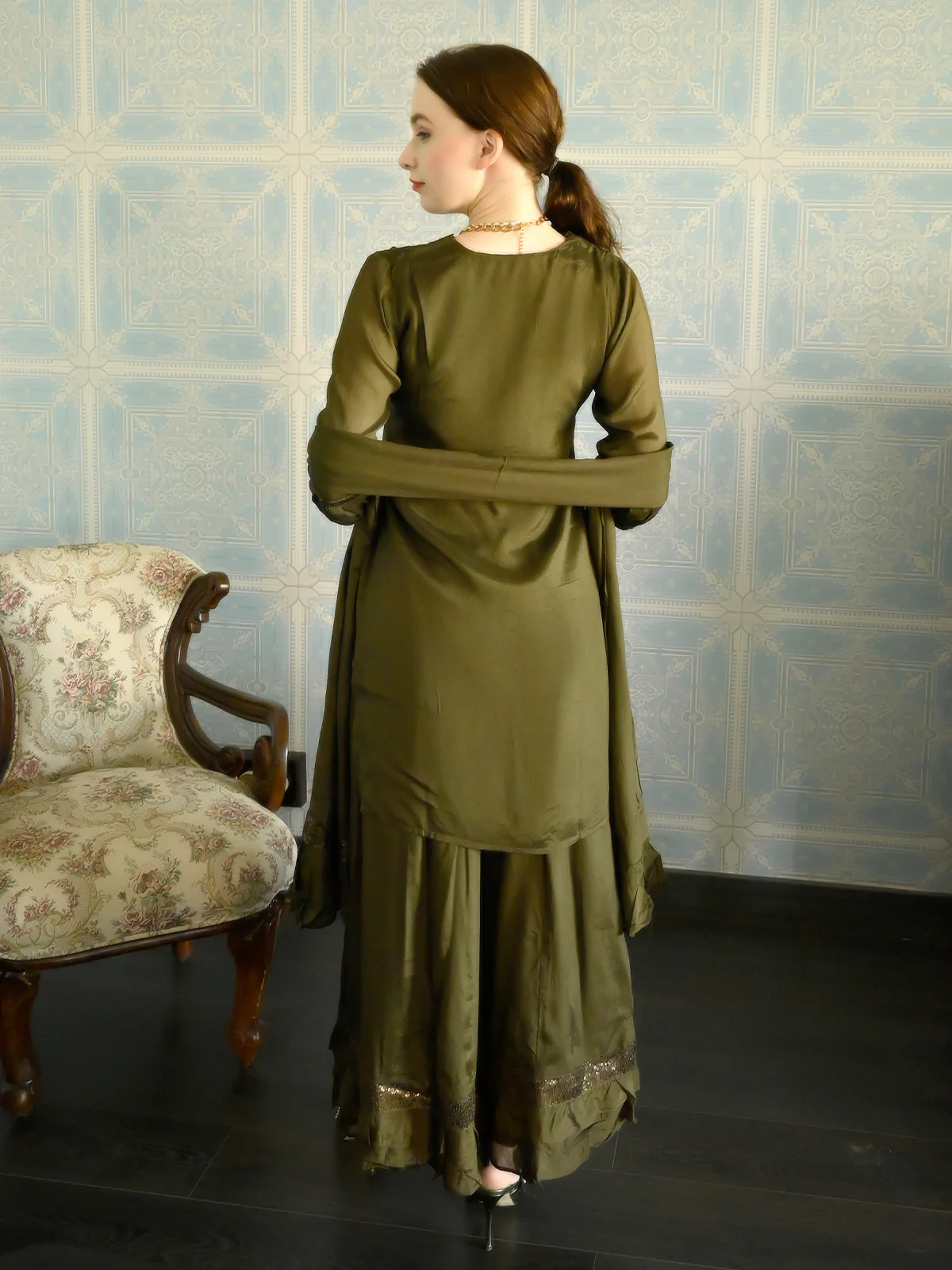 Odette Women Dark Green Crepe Designer Stitched Kurta Set - Image 4