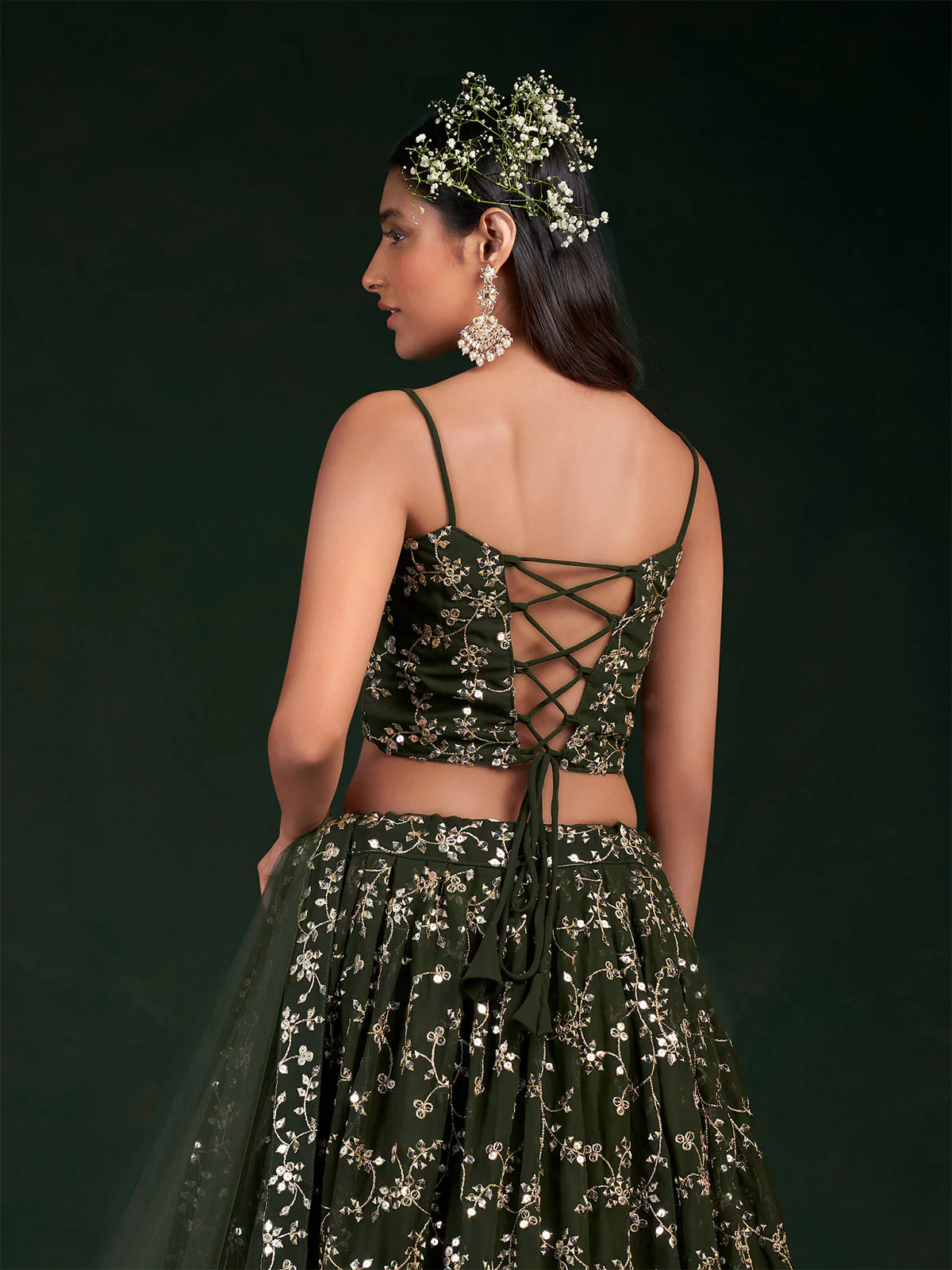 Odette Women Dark Green Embroidered Bridal Semi Stitched Lehenga With Unstitched Blouse - Image 3