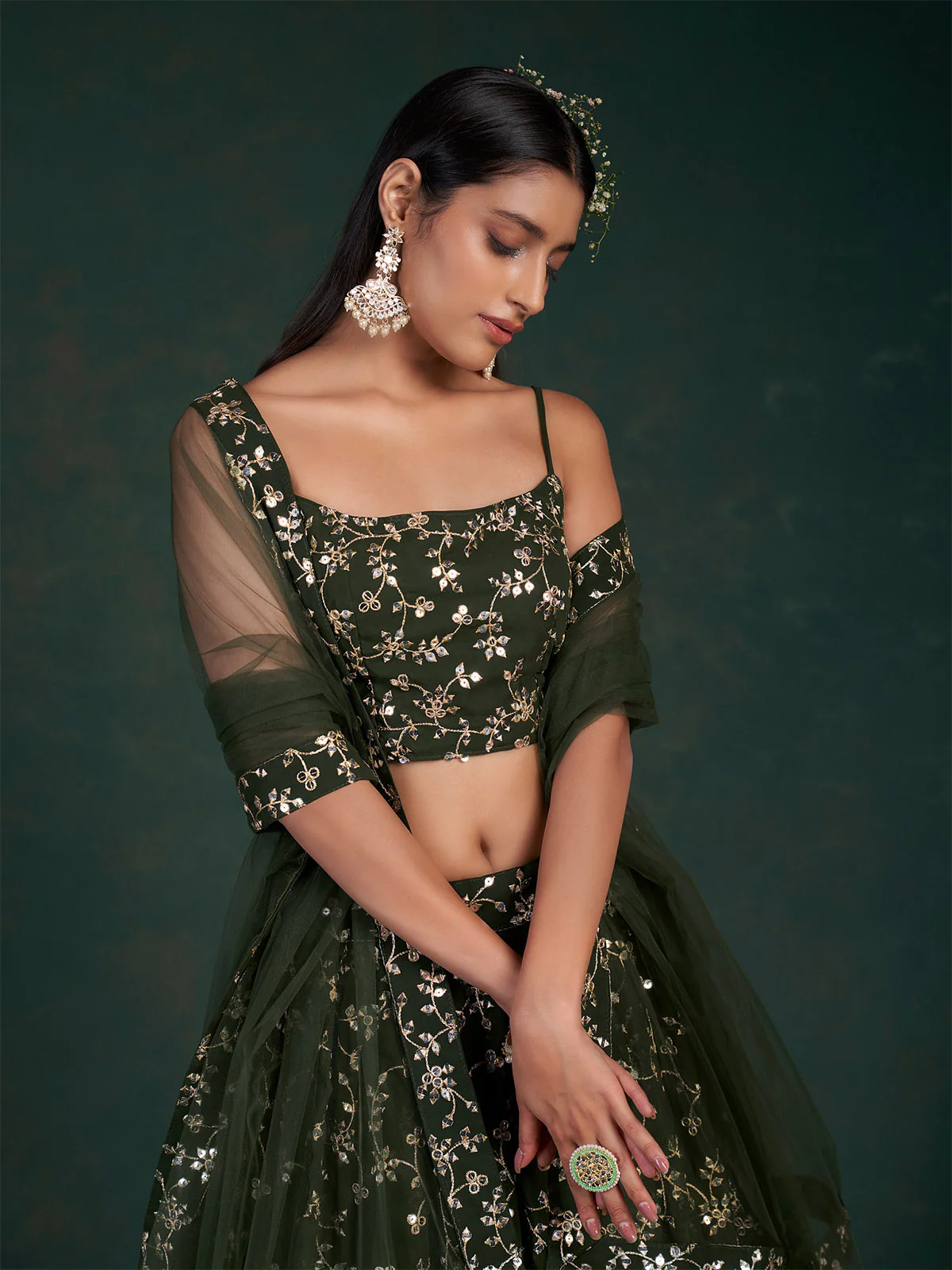 Odette Women Dark Green Embroidered Bridal Semi Stitched Lehenga With Unstitched Blouse - Image 4