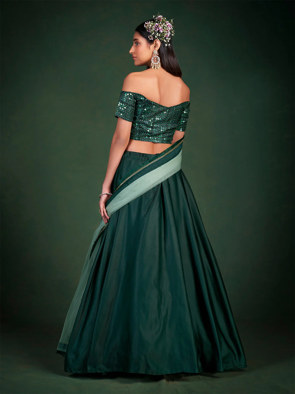 Odette Women Dark Green Embroidered Festive Semi Stitched Lehenga With Unstitched Blouse - Image 3