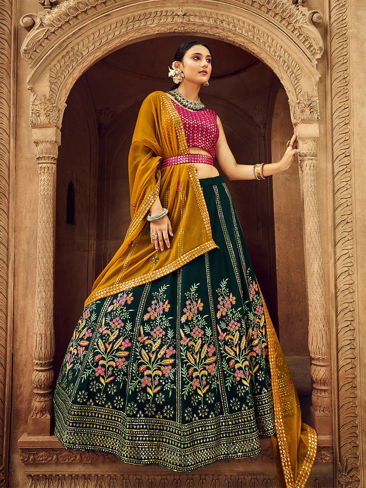 Odette Women Dark Green Embroidered Festive Semi Stitched Lehenga With  Unstitched Blouse - Image 2