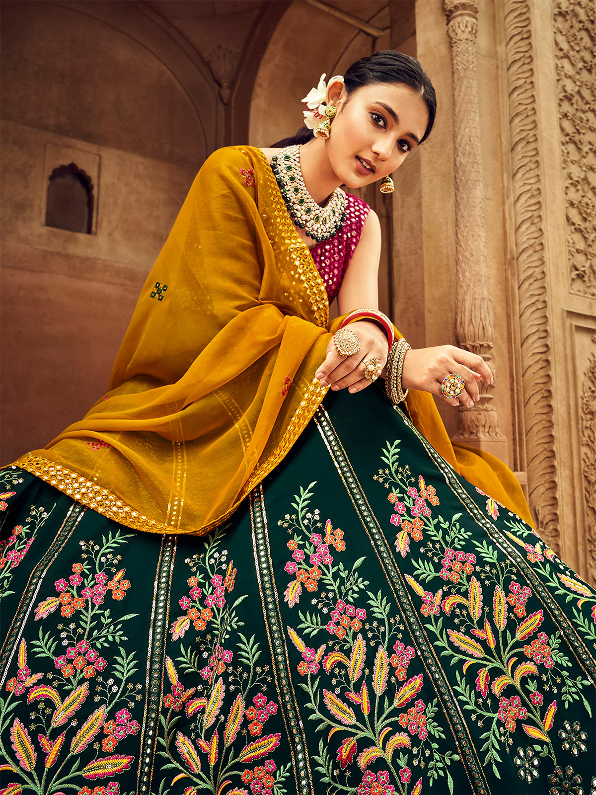Odette Women Dark Green Embroidered Festive Semi Stitched Lehenga With  Unstitched Blouse - Image 4