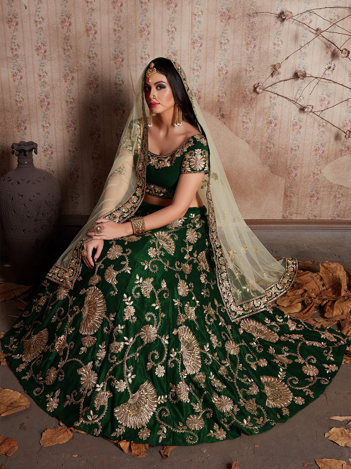 Odette Women Dark Green Embroidered Semi Stitched Lehenga With Unstitched Blouse - Image 2