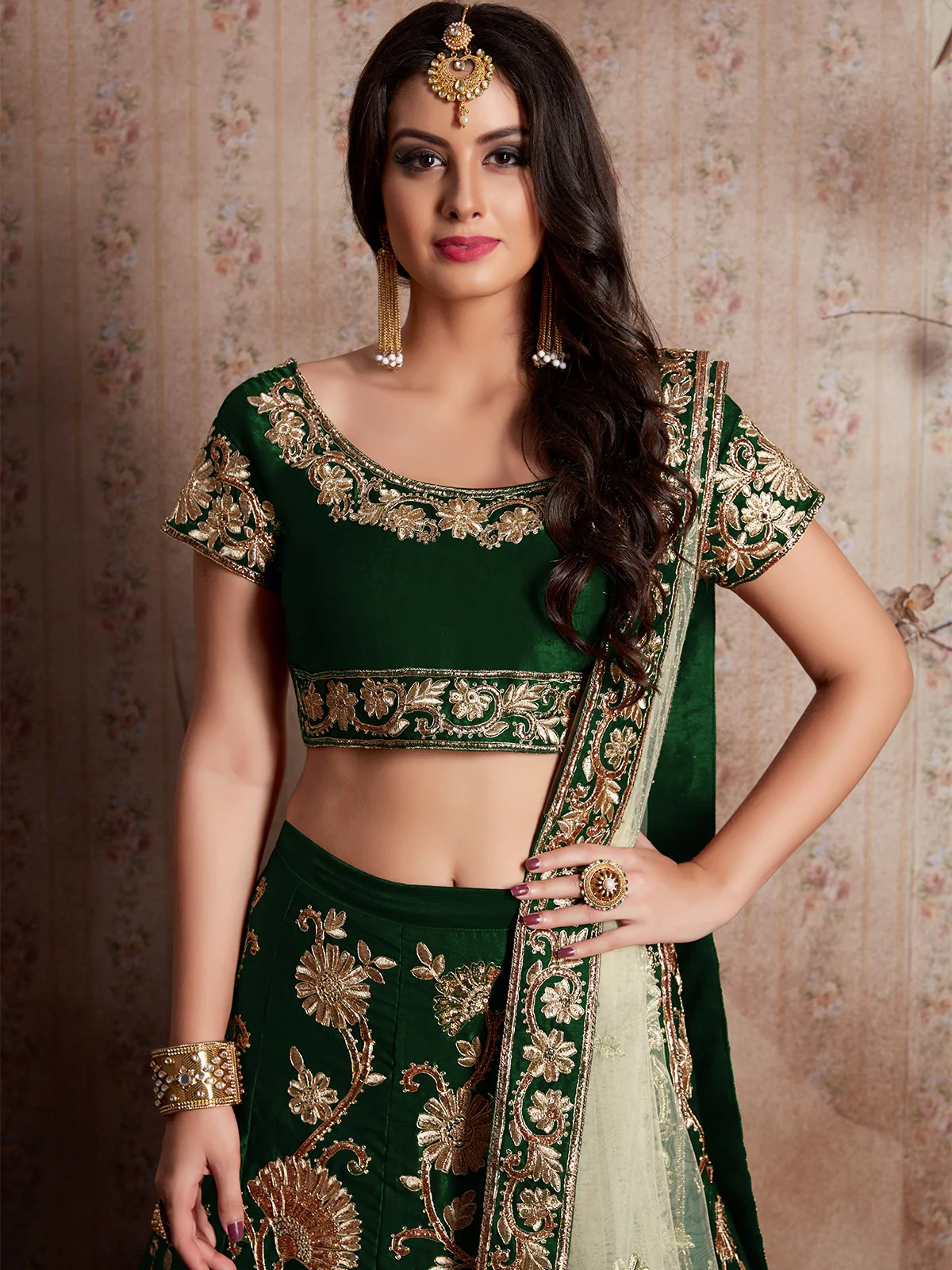 Odette Women Dark Green Embroidered Semi Stitched Lehenga With Unstitched Blouse - Image 4