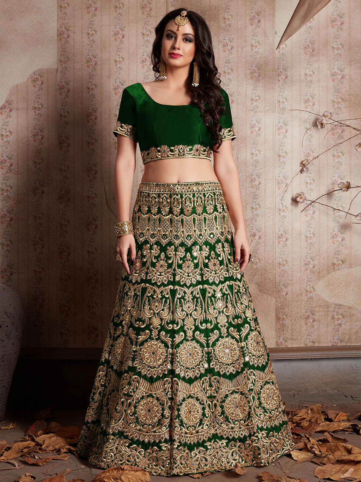Odette Women Dark Green Embroidered Semi Stitched Lehenga With Unstitched Blouse - Image 4