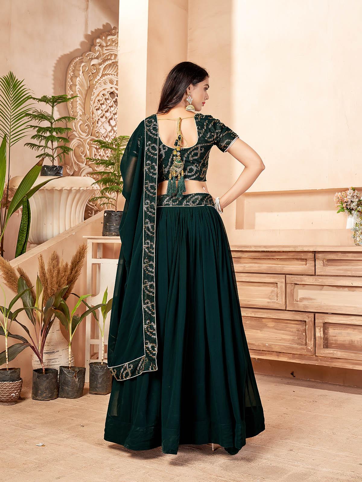 Odette Women Dark Green Faux Georgette Semi Stitched Lehenga With  Unstitched Blouse - Image 3