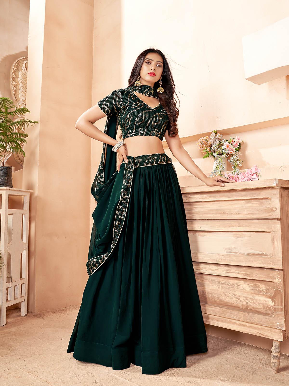 Odette Women Dark Green Faux Georgette Semi Stitched Lehenga With  Unstitched Blouse - Image 5