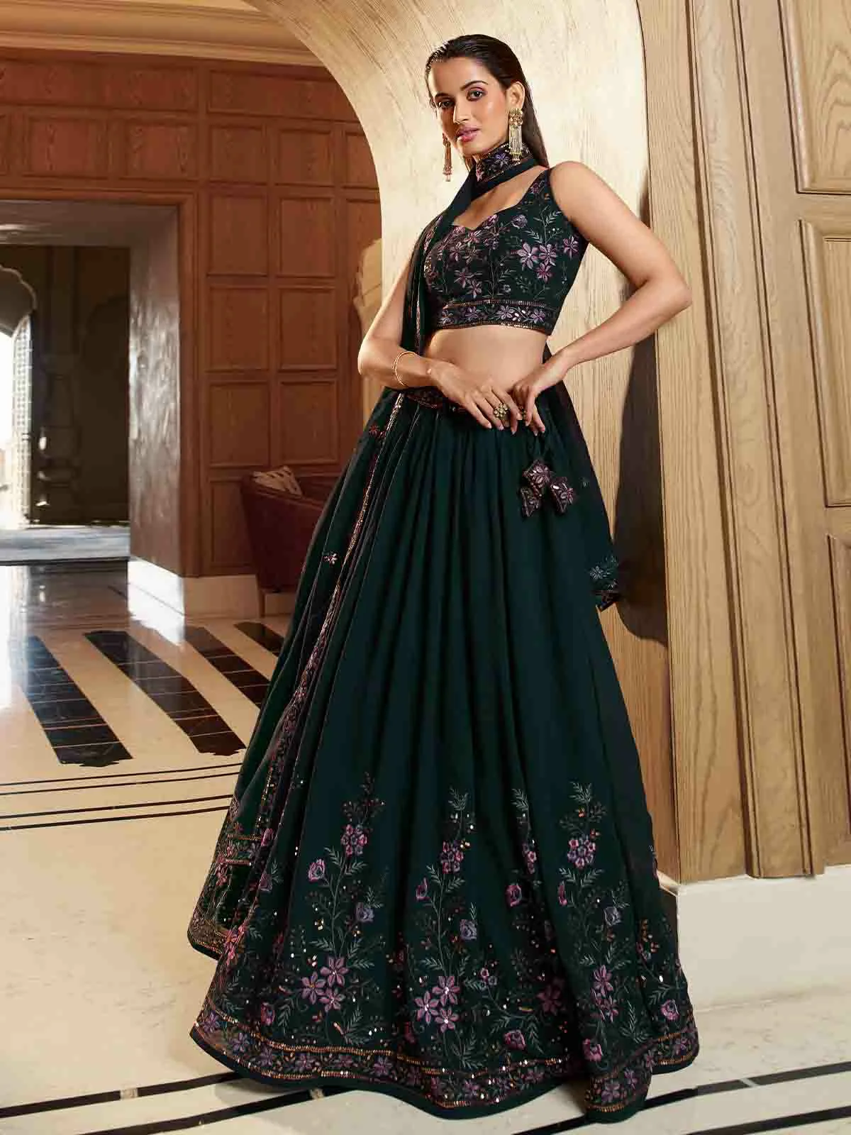 Odette Women Dark Green Georgette Embroidered Semi Stitched Lehenga With Unstitched Blouse - Image 2