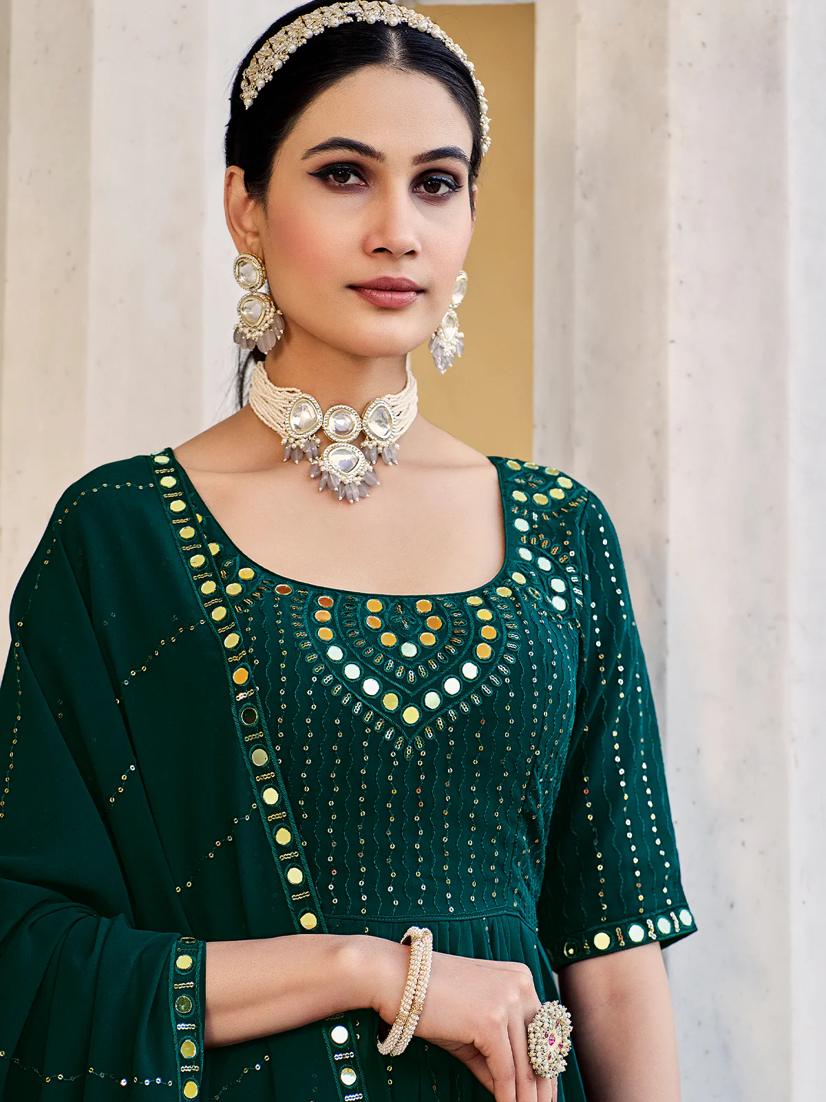 Odette Women Dark Green Georgette Embroidered  Stitched Salwar Suit - Image 3