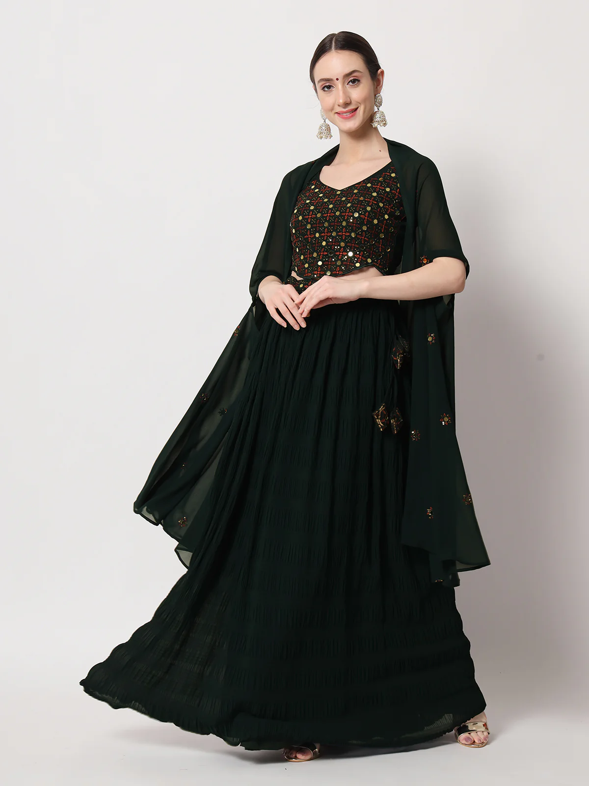 Odette Women Dark Green Georgette Semi Stitched Lehenga With Unstitched Blouse - Image 2