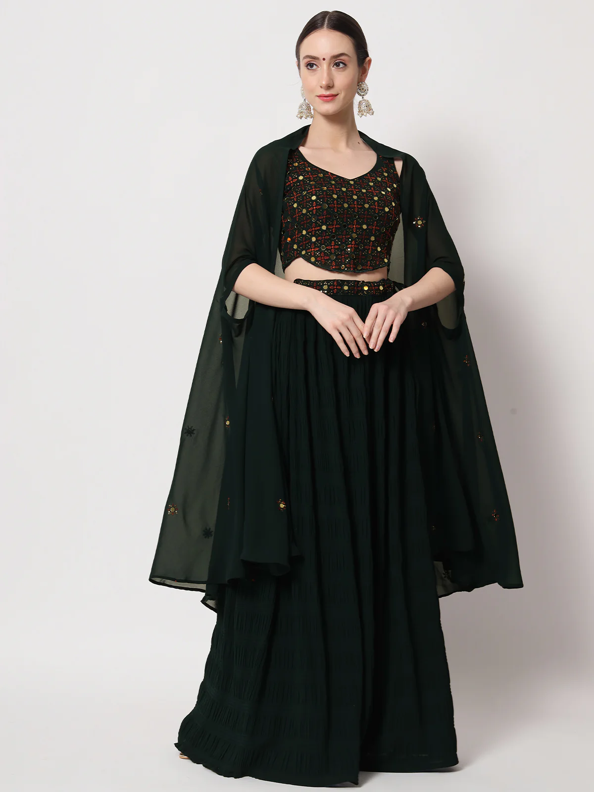 Odette Women Dark Green Georgette Semi Stitched Lehenga With Unstitched Blouse - Image 3