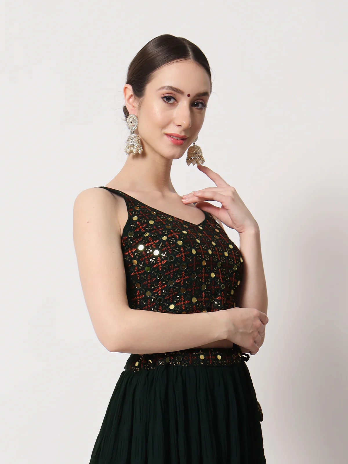 Odette Women Dark Green Georgette Semi Stitched Lehenga With Unstitched Blouse - Image 4