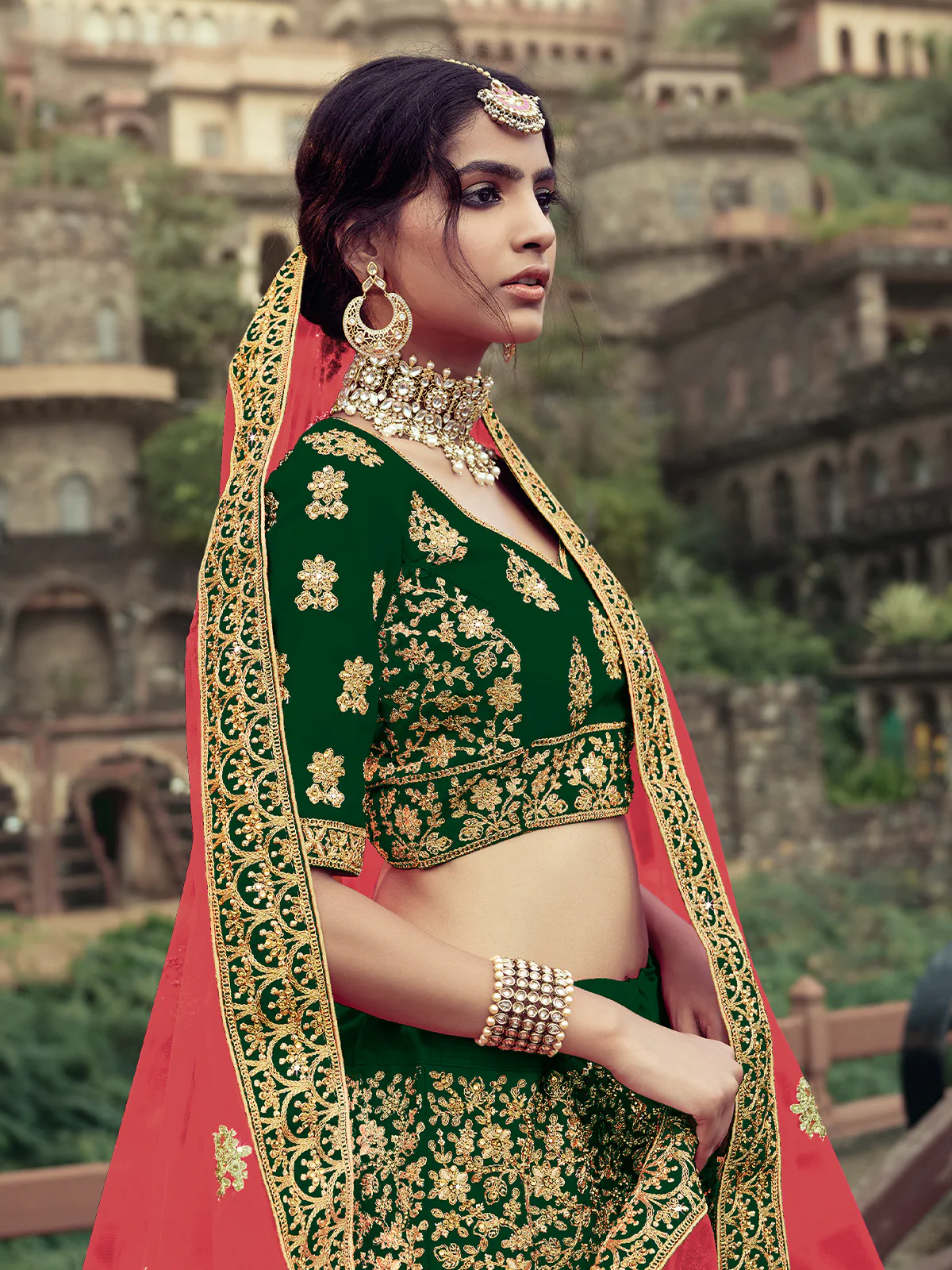 Odette Women Dark Green Embroidered Semi Stitched Lehenga With Unstitched Blouse - Image 2