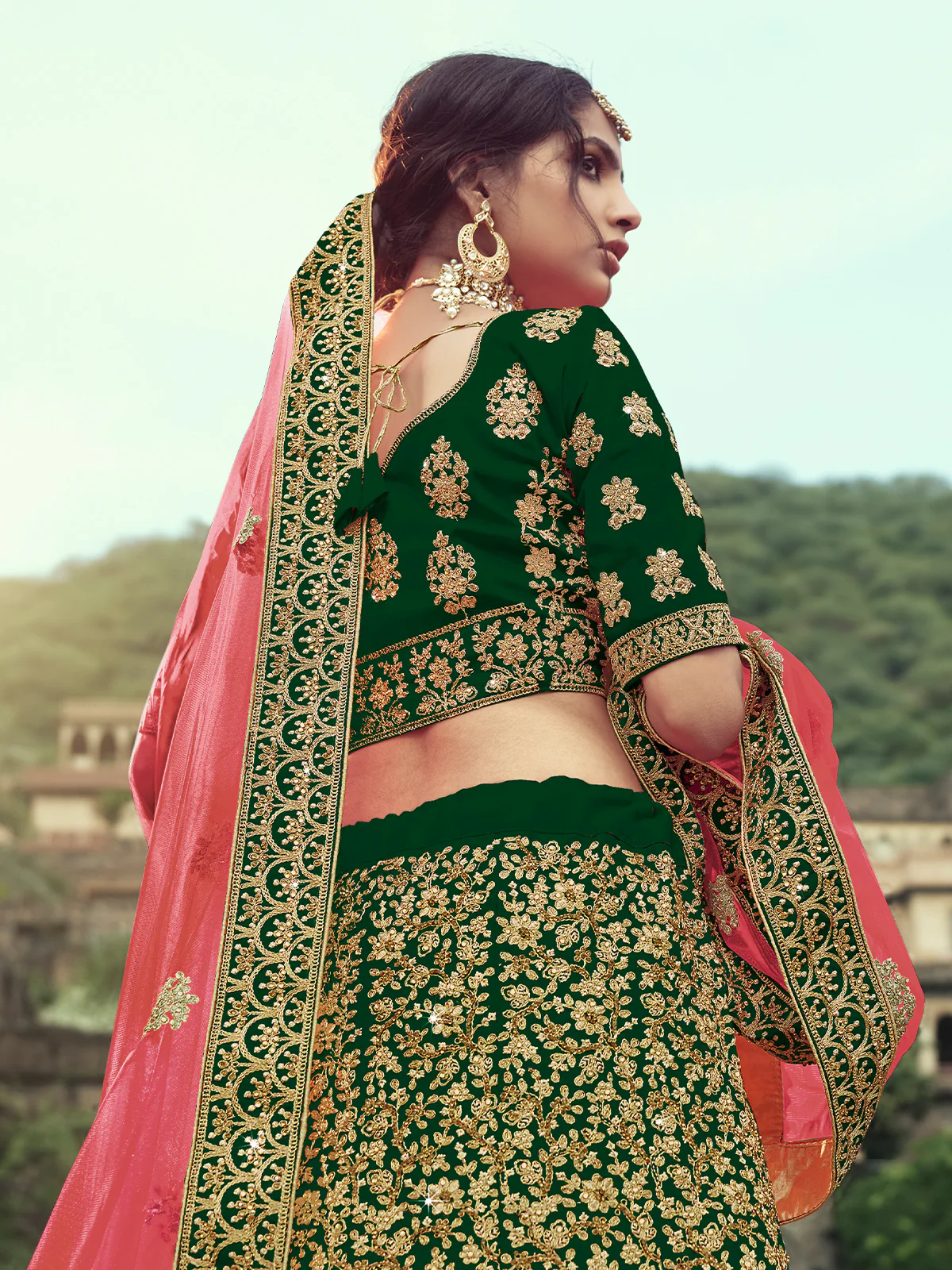 Odette Women Dark Green Embroidered Semi Stitched Lehenga With Unstitched Blouse - Image 3
