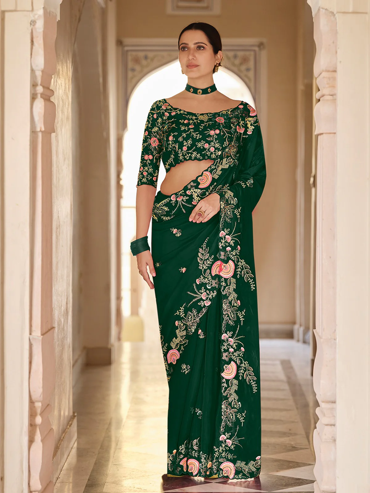 Odette Women Dark Green Organza Embroidered Saree With Unstitched Blouse