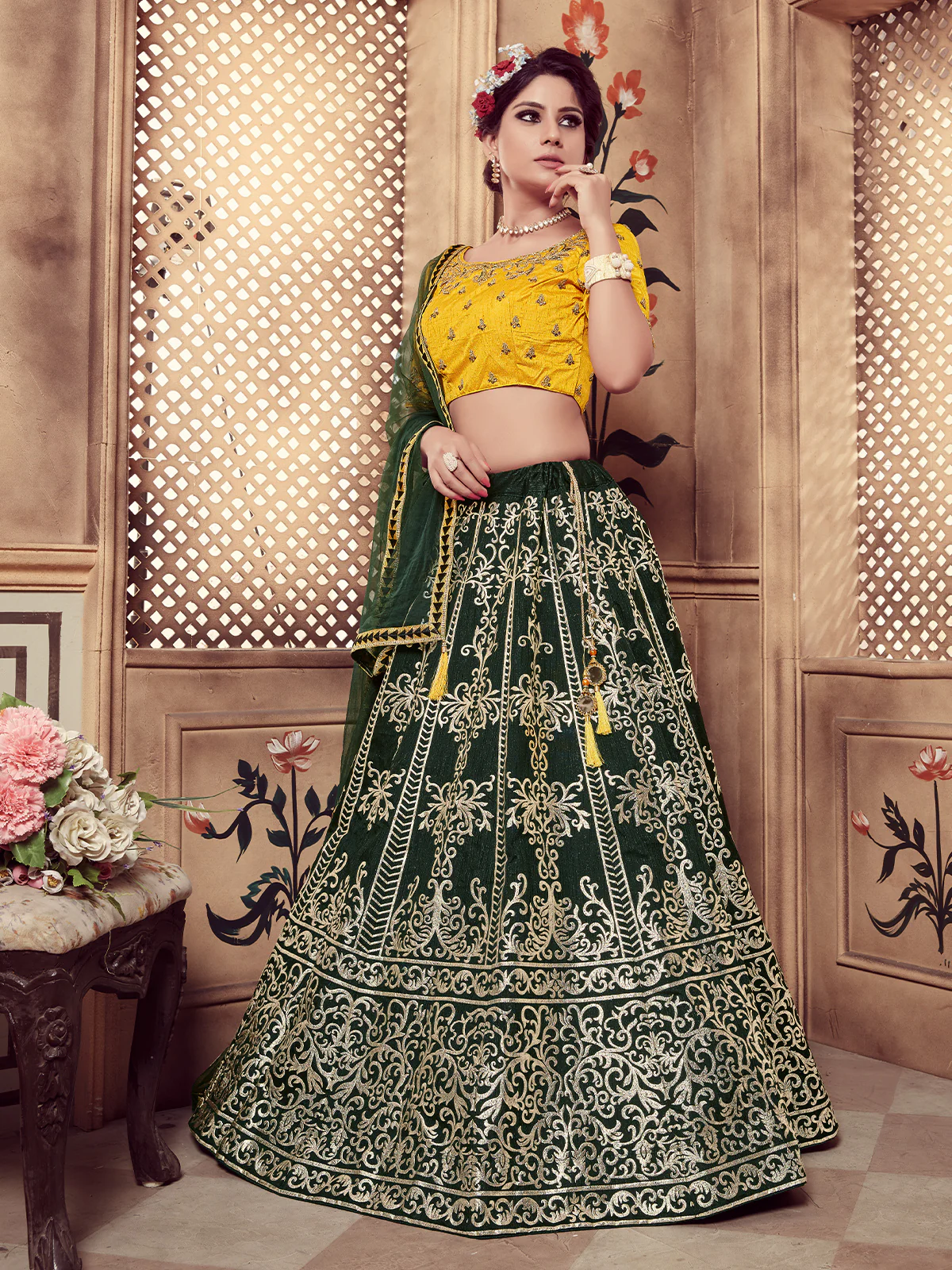 Odette Women Dark Green Silk Foil Work Semi Stitched Lehenga With  Unstitched Blouse - Image 2