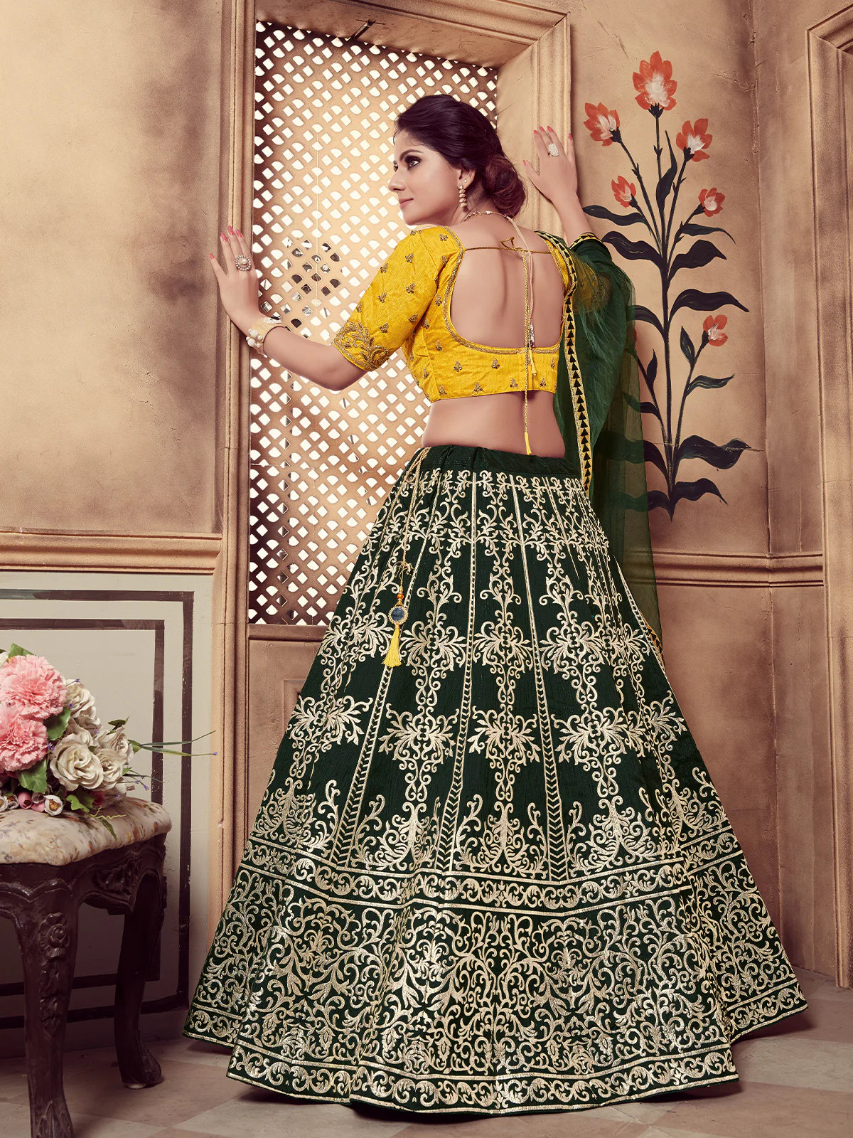 Odette Women Dark Green Silk Foil Work Semi Stitched Lehenga With  Unstitched Blouse - Image 3
