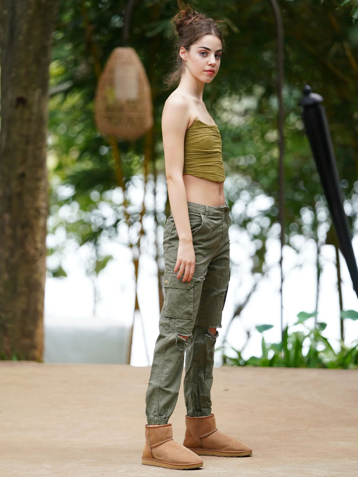 Odette Women Dark Green Soft Net Solid Tube Stitched Top - Image 3