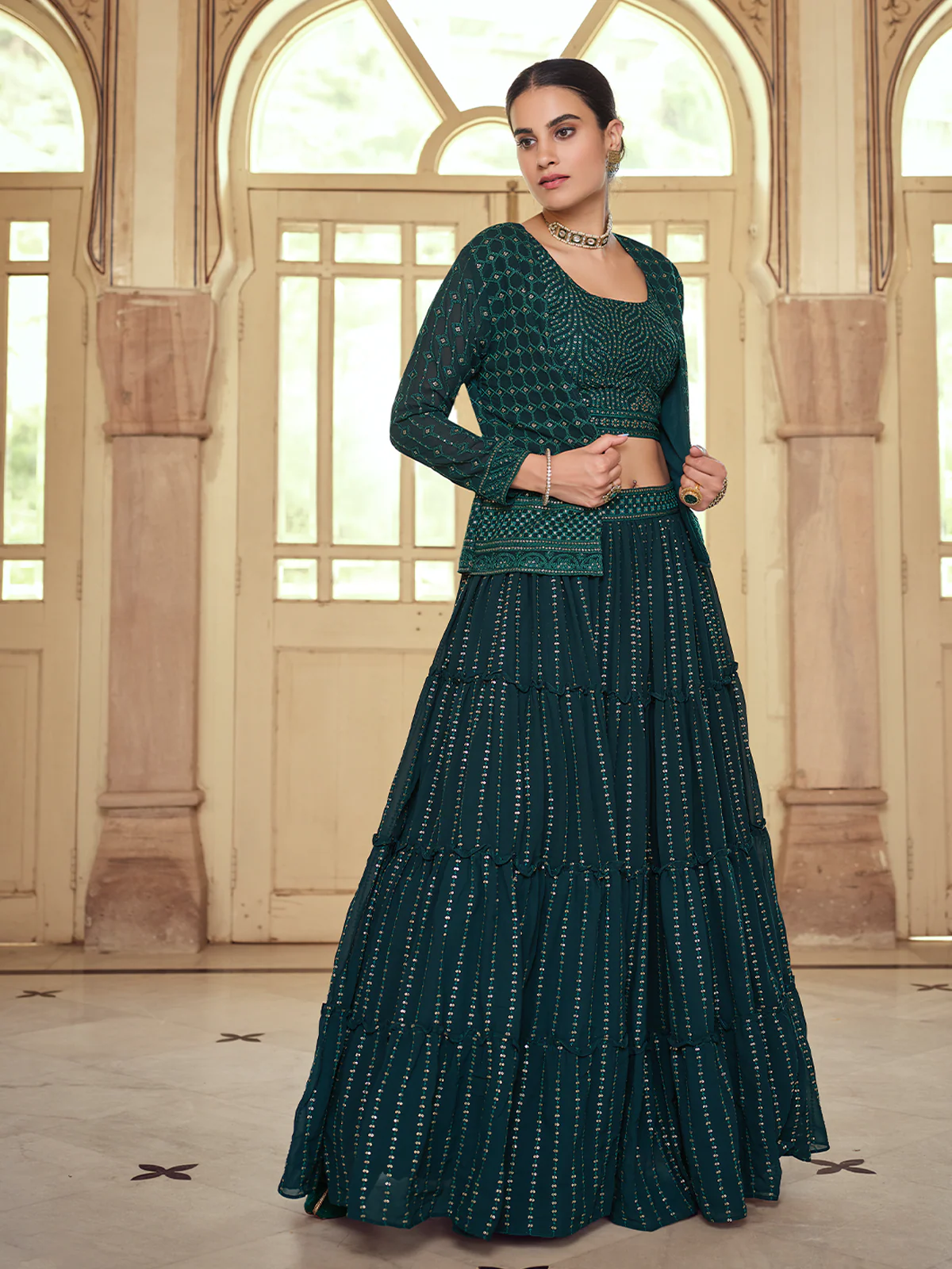 Odette Women Dark Green Embroidered Georgette Semi Stitched Lehenga With Unstitched Blouse