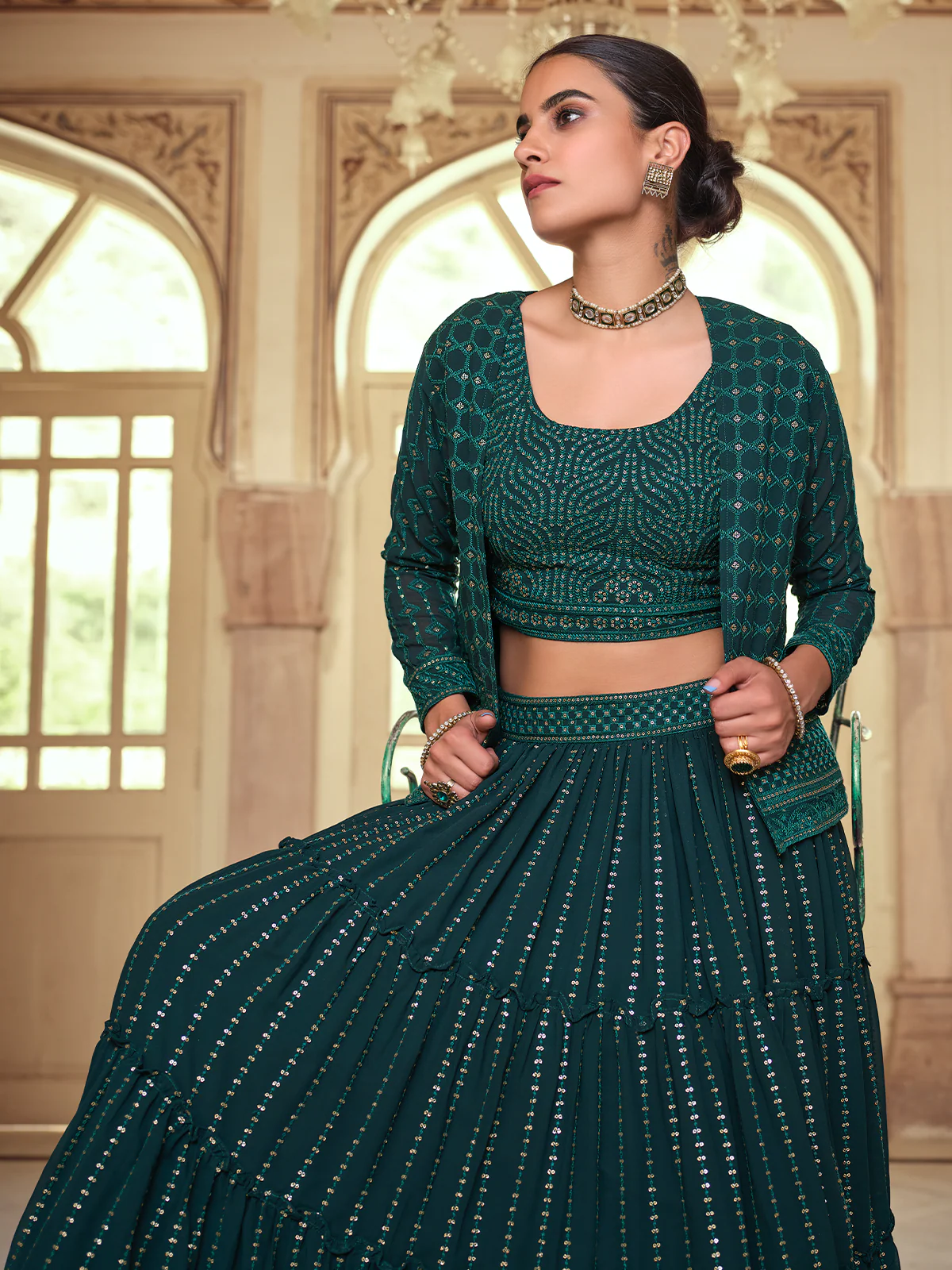 Odette Women Dark Green Embroidered Georgette Semi Stitched Lehenga With Unstitched Blouse - Image 3