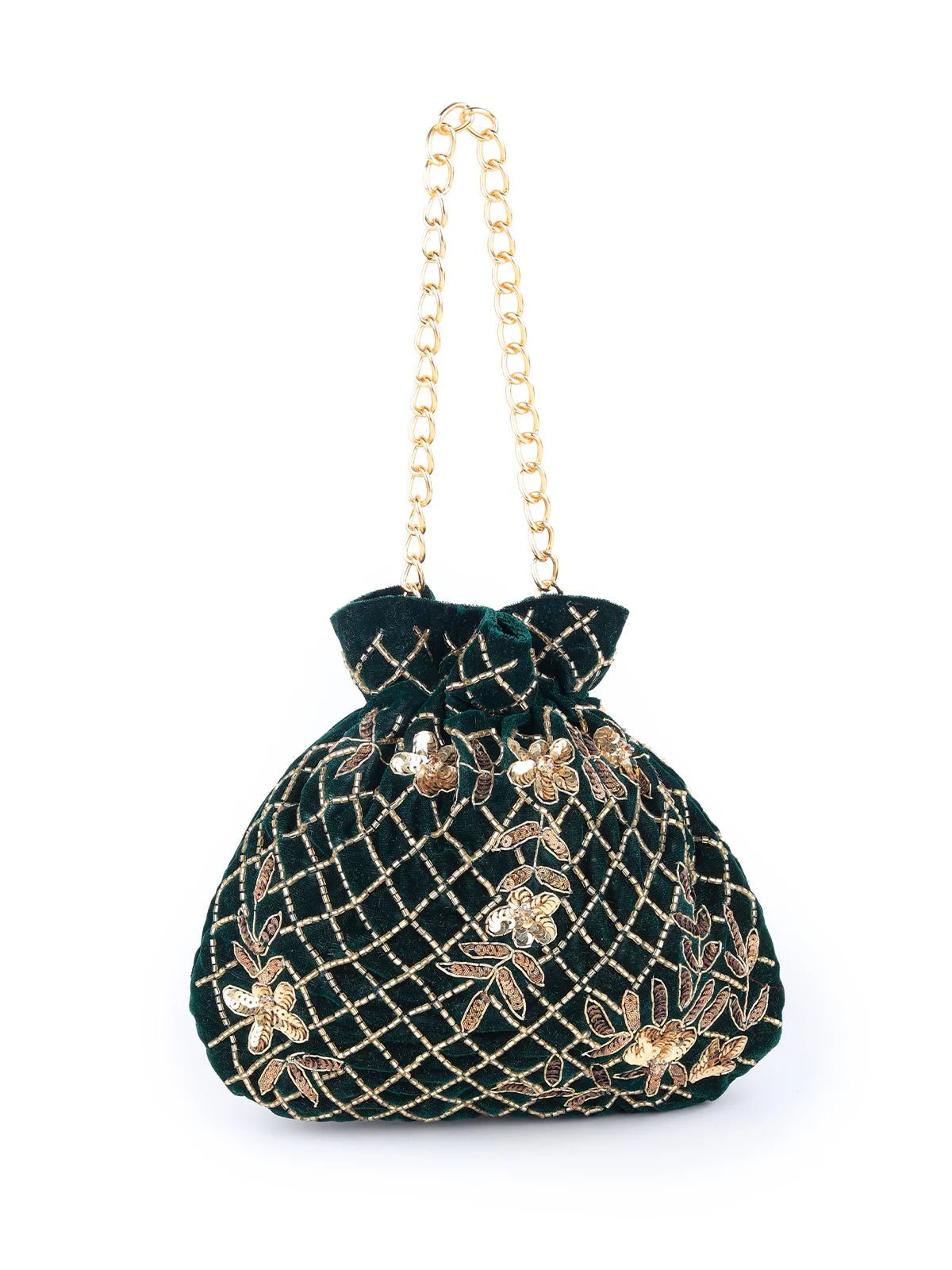 Odette Women Dark Green Velvet Potli Bag With Golden Embroidery - Image 6