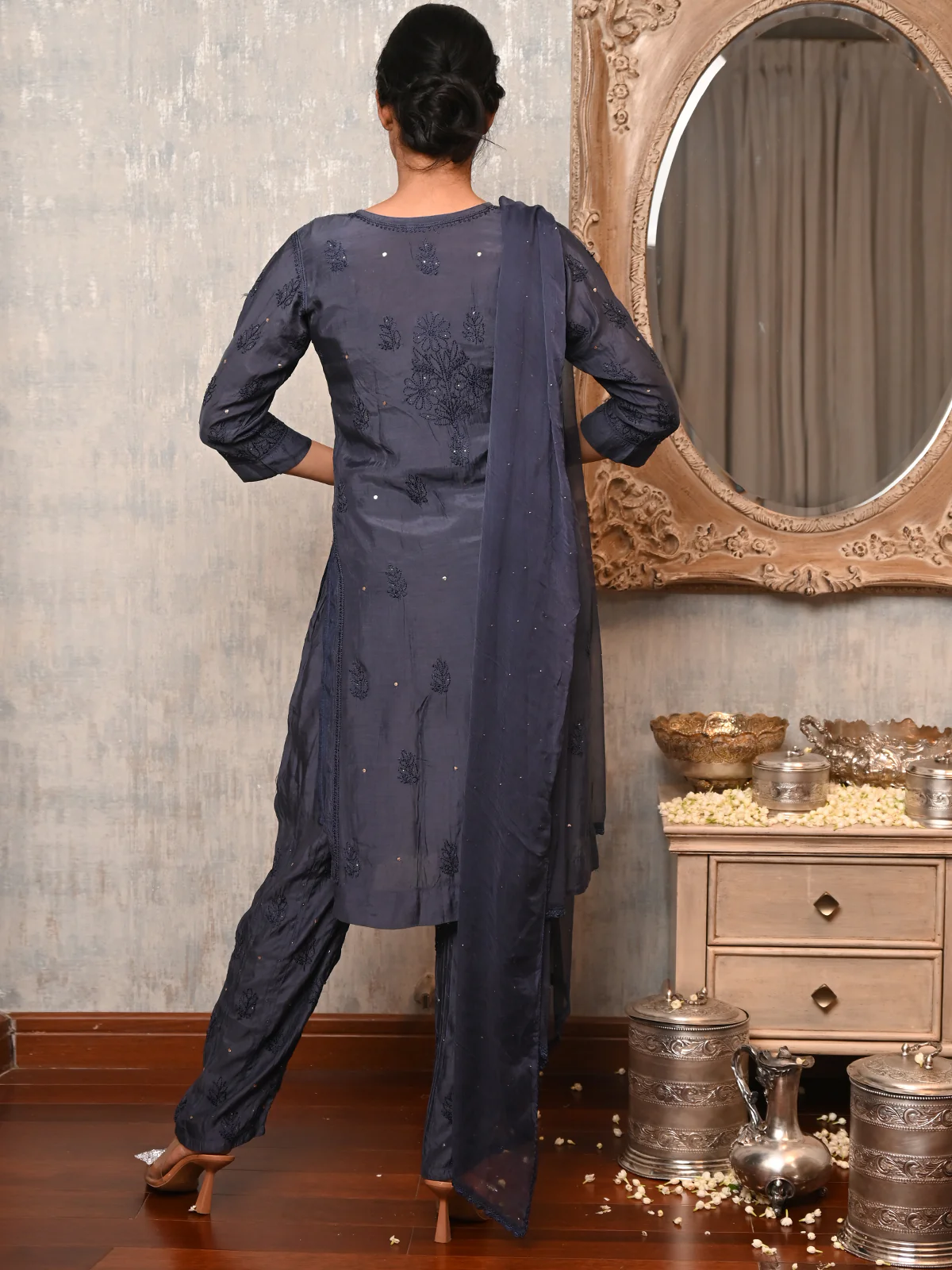 Odette Women Dark Grey Poly Silk Chikankari Mukaish Work Embroidered Stitched Kurta Set - Image 3
