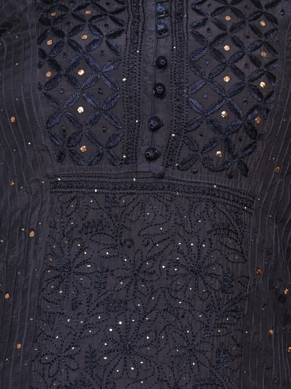 Odette Women Dark Grey Poly Silk Chikankari Mukaish Work Embroidered Stitched Kurta Set - Image 5