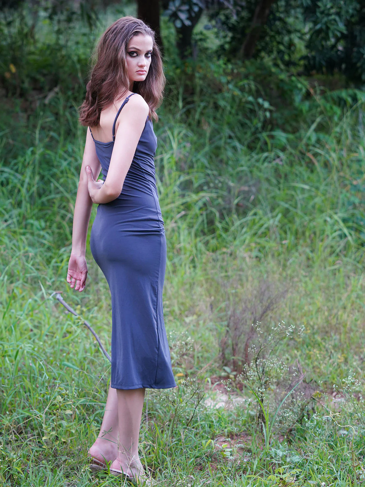 Odette Women Dark Grey Polyester Lycra Solid Stitched Dress - Image 3