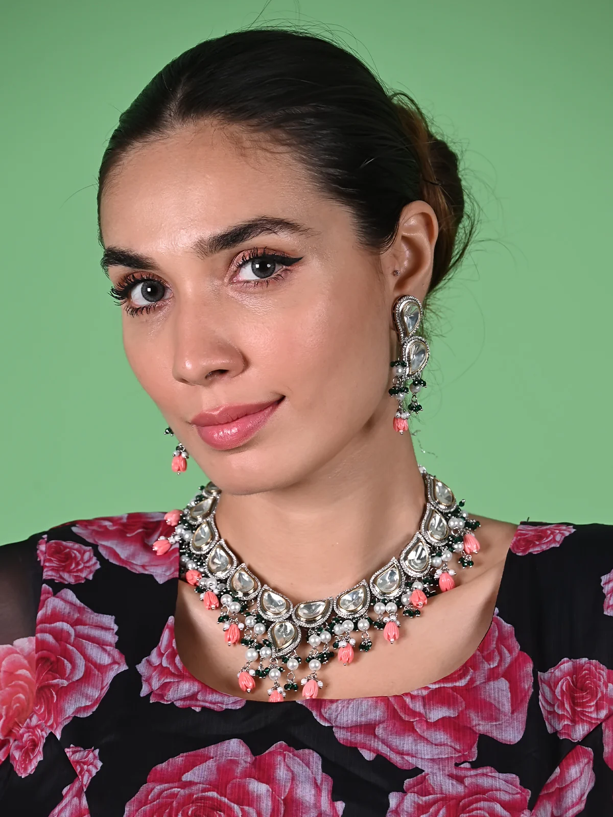 Odette Green And Peach Alloy Jewellery Set For Women - Image 2