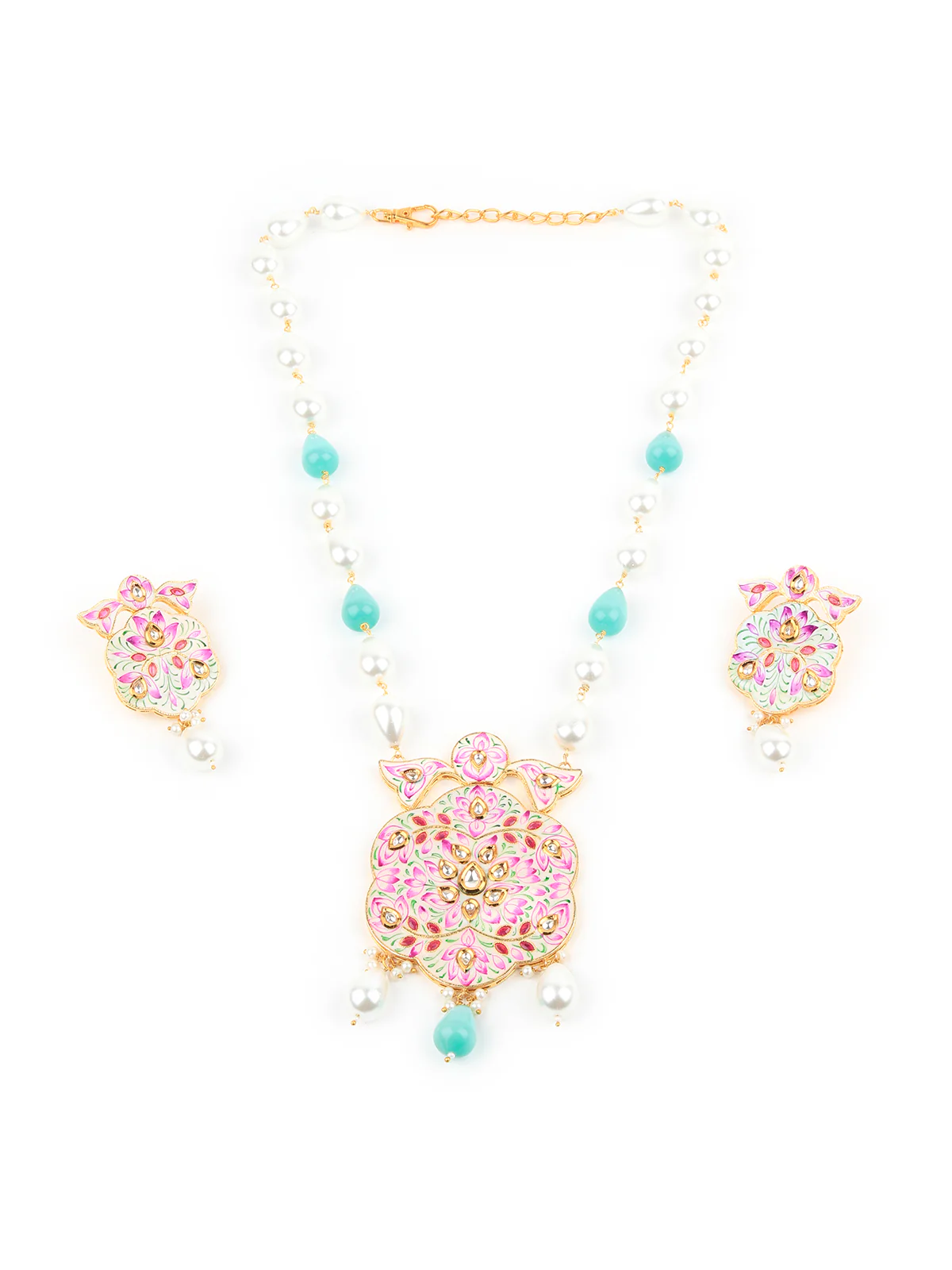 Odette Pink And Green Alloy Jewellery Set For Women - Image 2