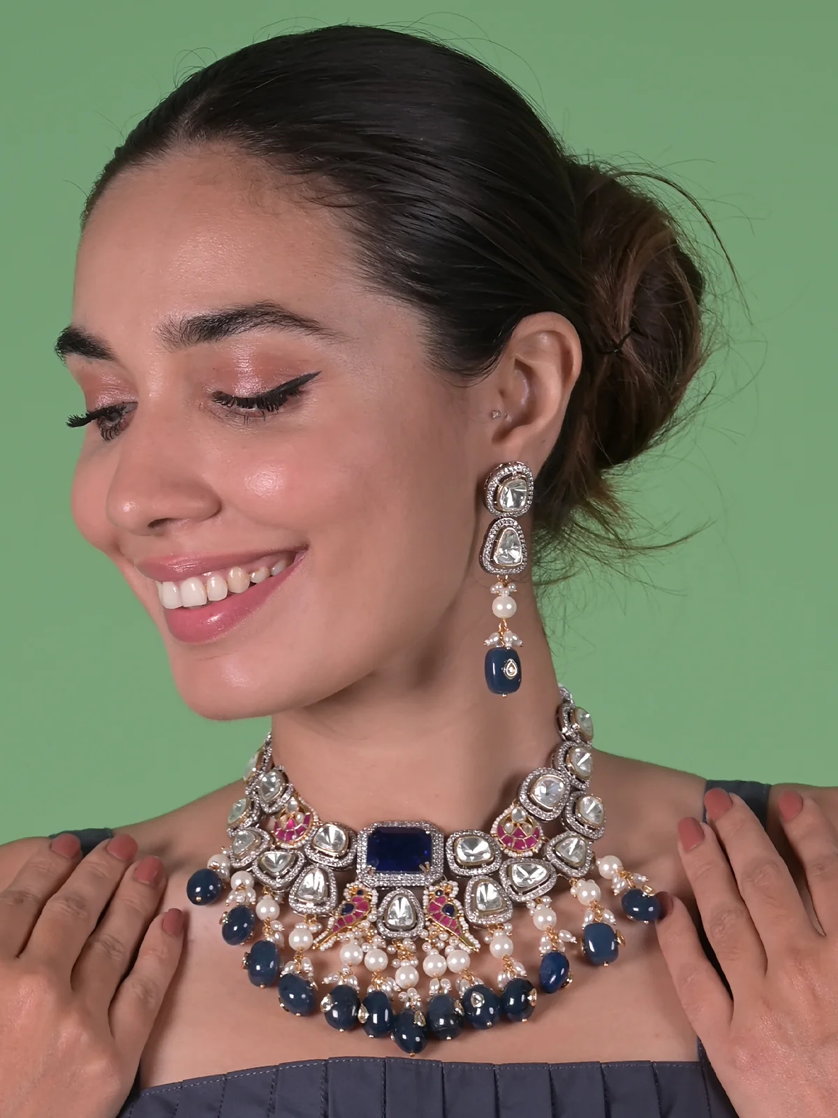 Odette Royal Blue And Alloy Jewellery Set For Women - Image 2