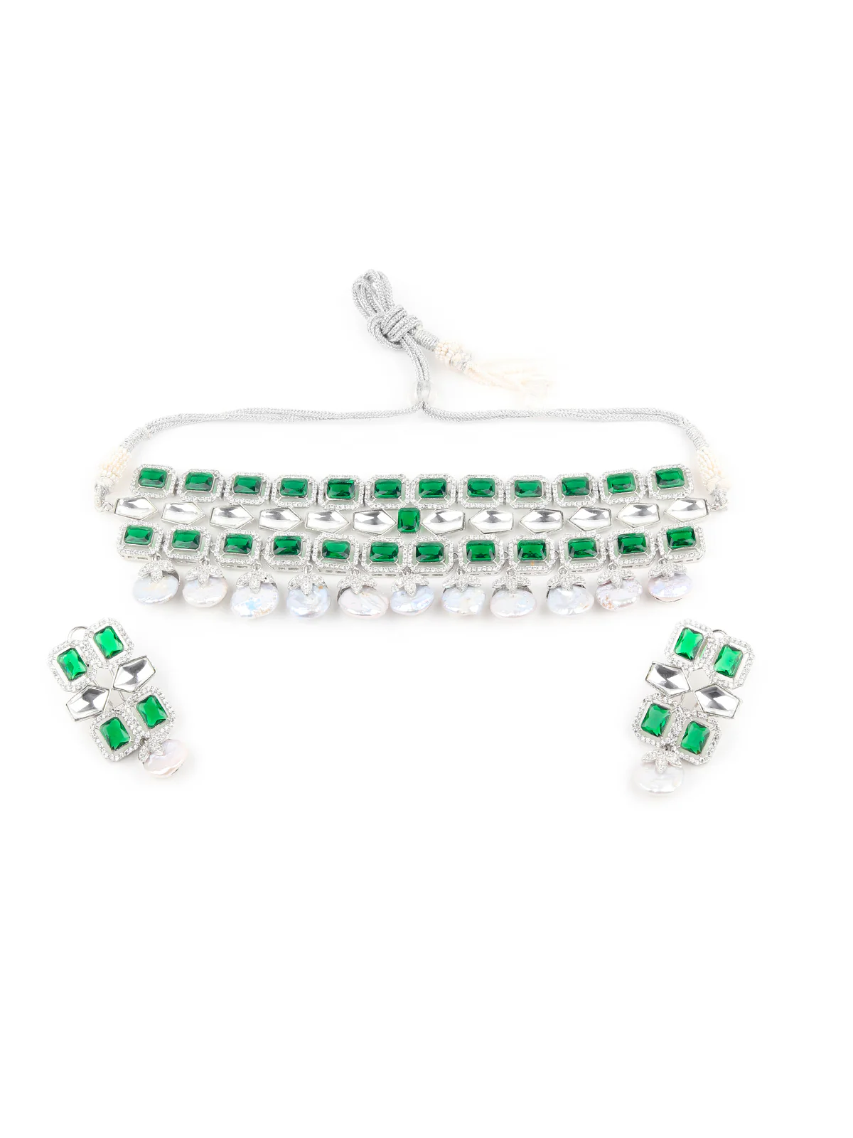 Odette White And Green Alloy Jewellery Set For Women - Image 2