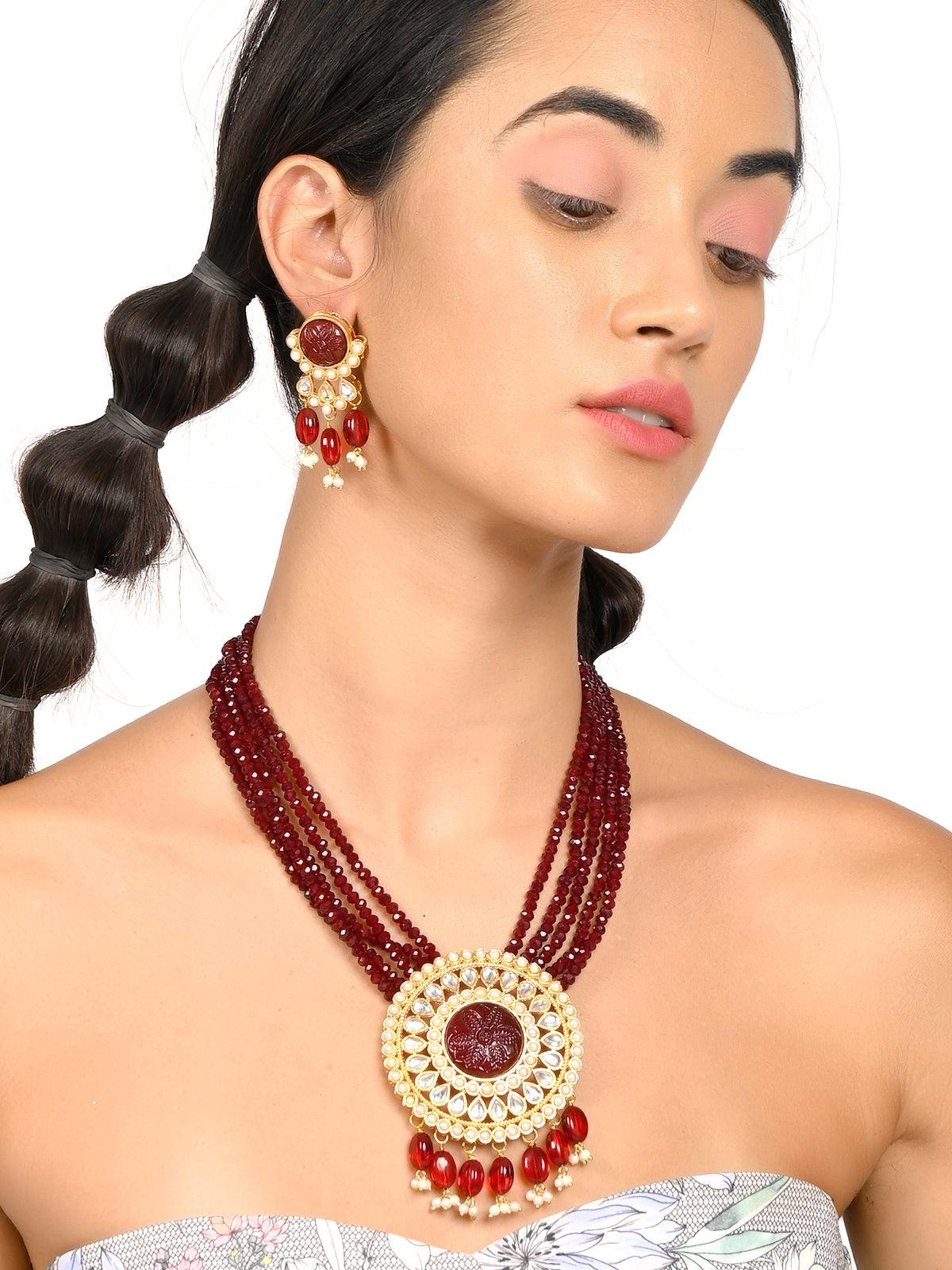 Odette Women Deep Maroon Exquisite Necklace Set