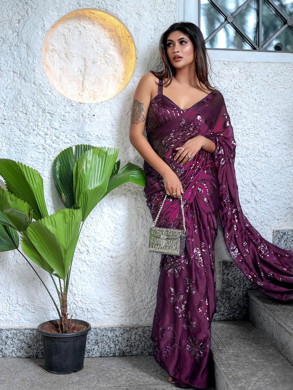 Odette Women Deep Purple Sequin Saree With Unstitched Blouse - Image 2