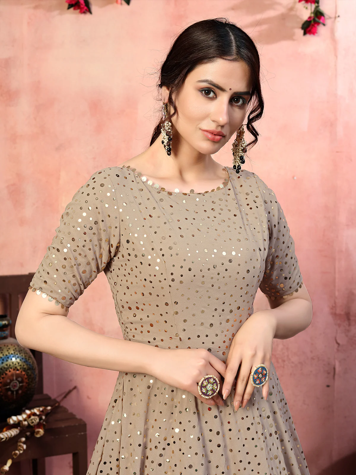 Odette Women Designer Beige Georgette Semi Stitched Gown - Image 2
