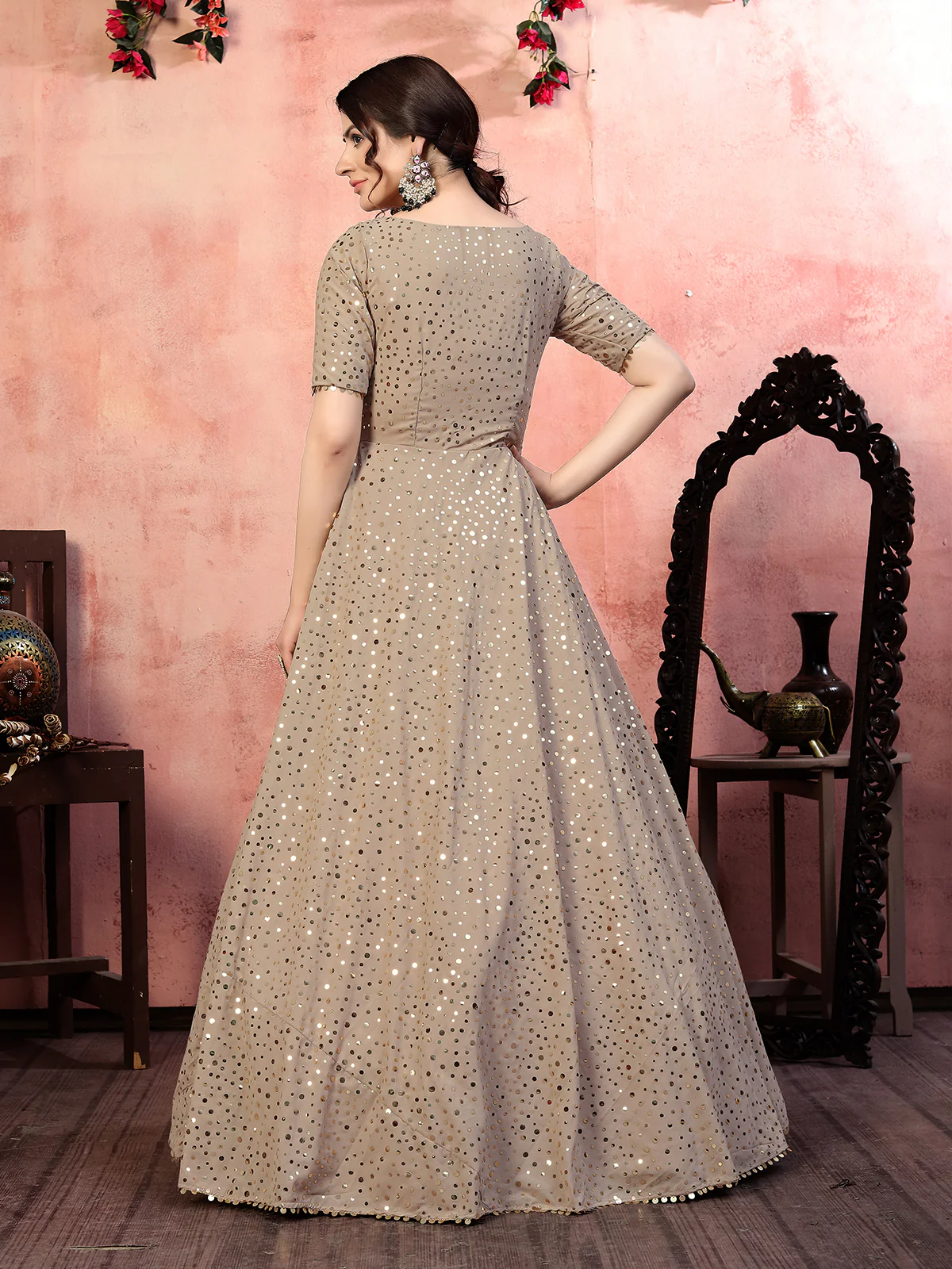 Odette Women Designer Beige Georgette Semi Stitched Gown - Image 4