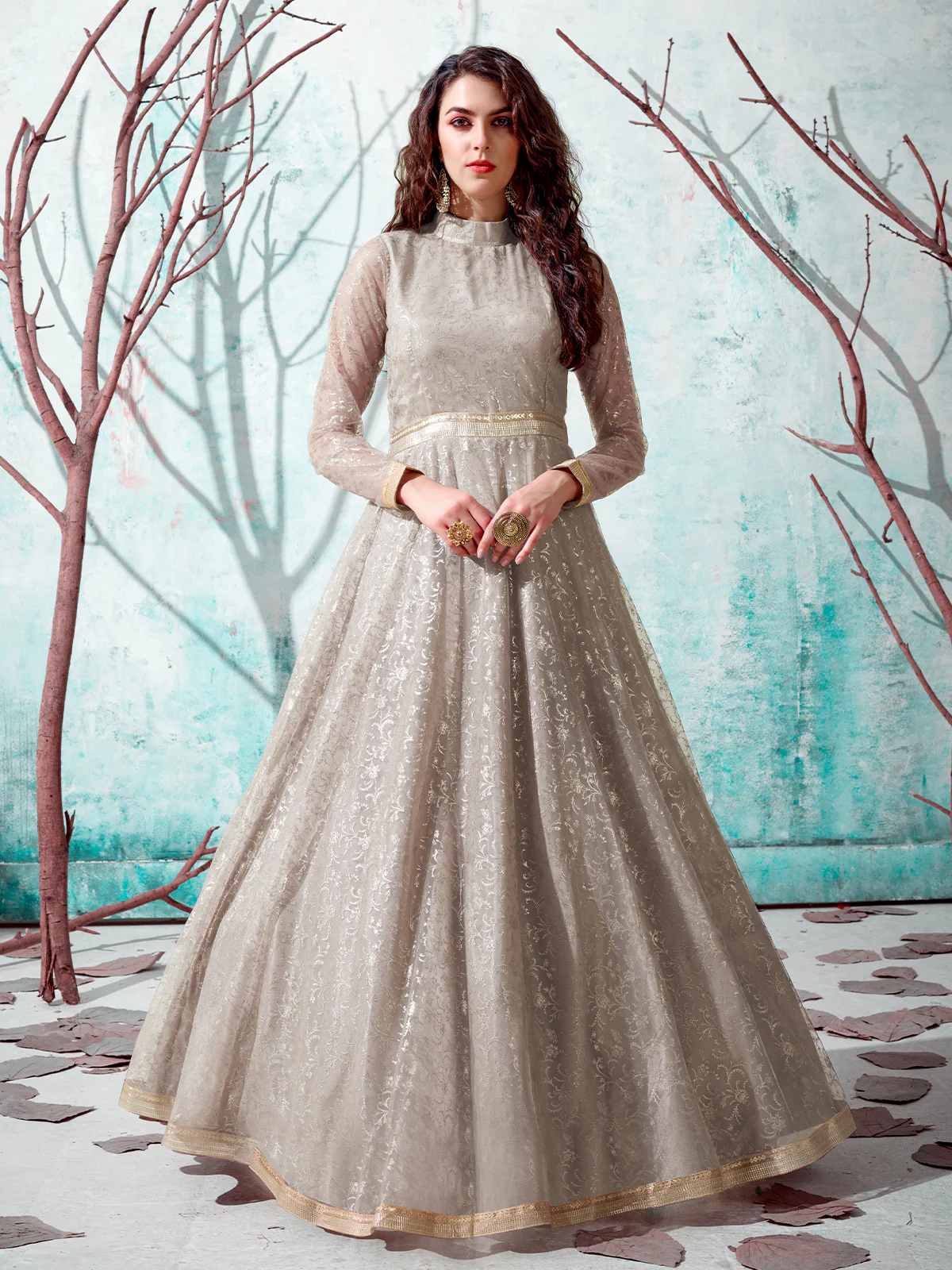 Odette Women Designer Beige Net Semi Stitched Gown