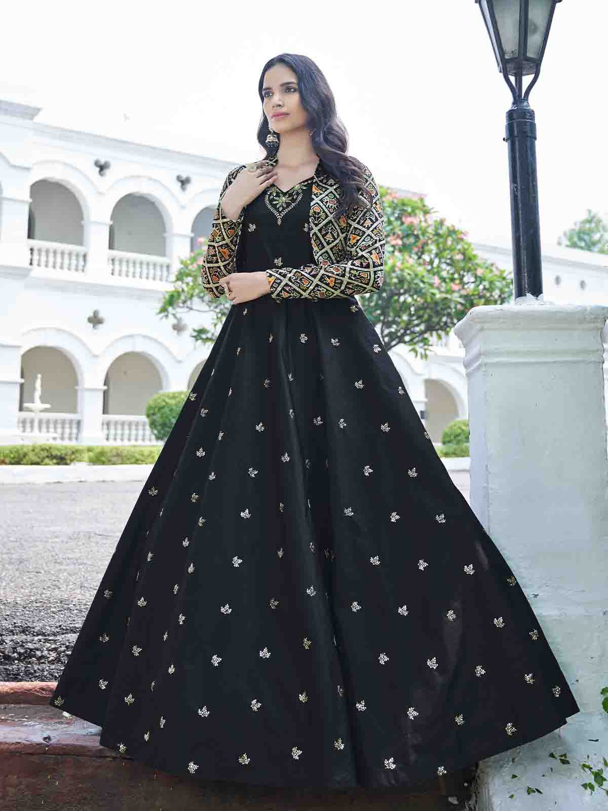 Odette Women Designer Black Cotton Semi Stitched Gown - Image 2