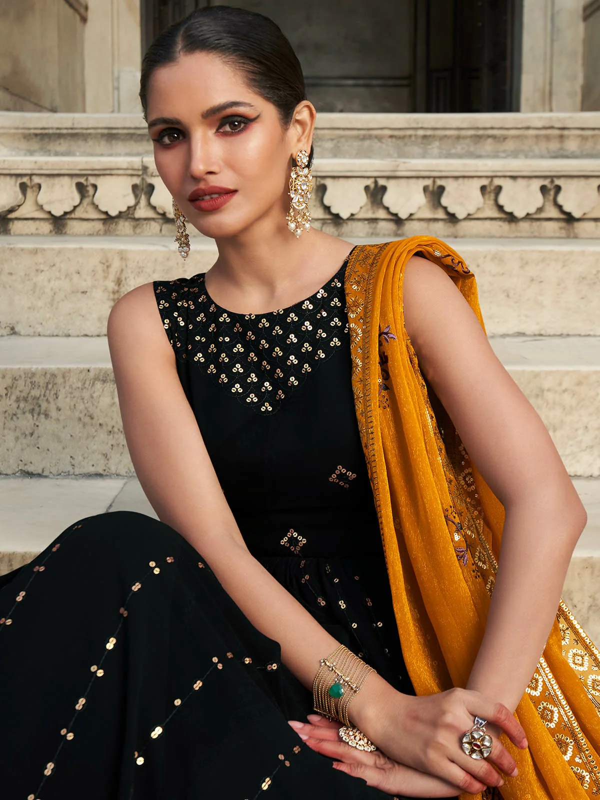 Odette Women Designer Black Georgette Semi Stitched Gown - Image 3