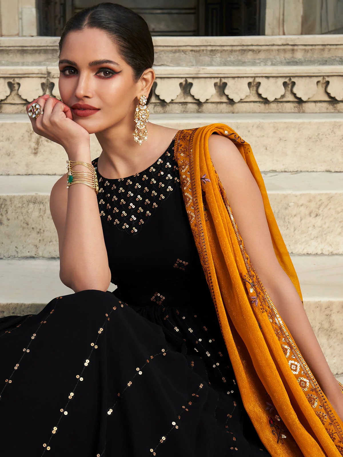 Odette Women Designer Black Georgette Semi Stitched Gown - Image 4
