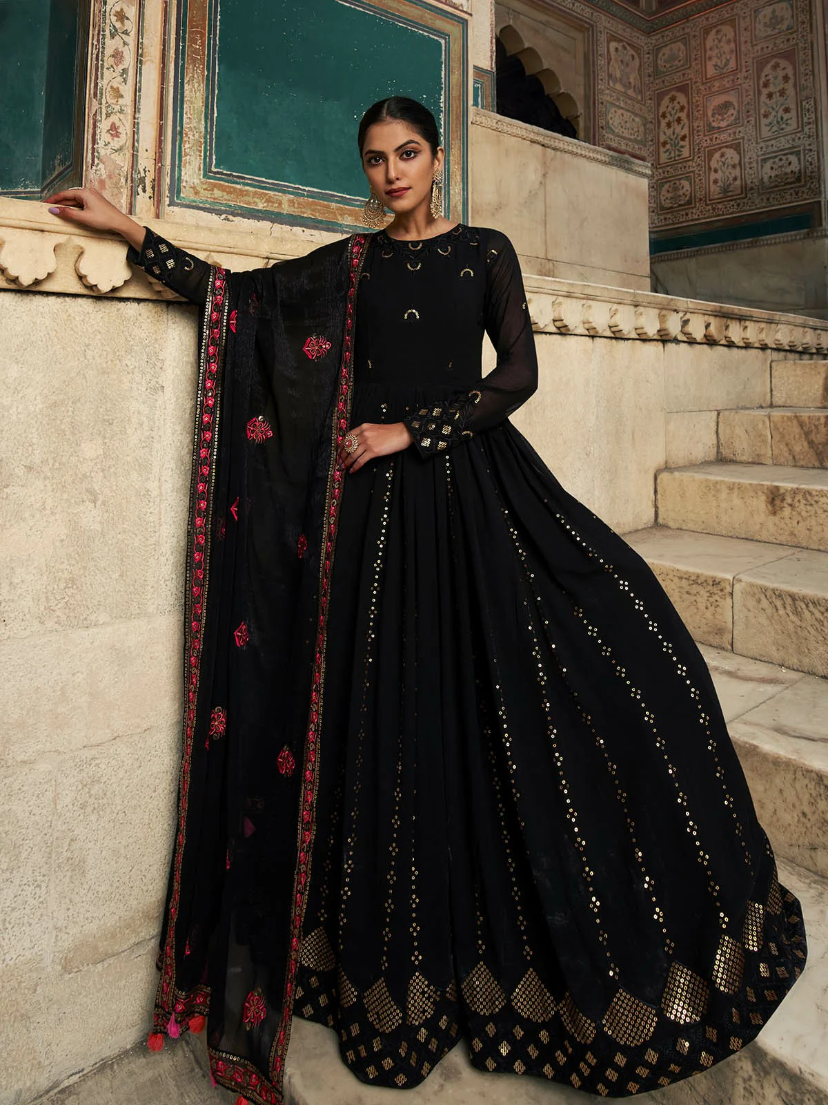 Odette Women Designer Black Georgette Semi Stitched Gown