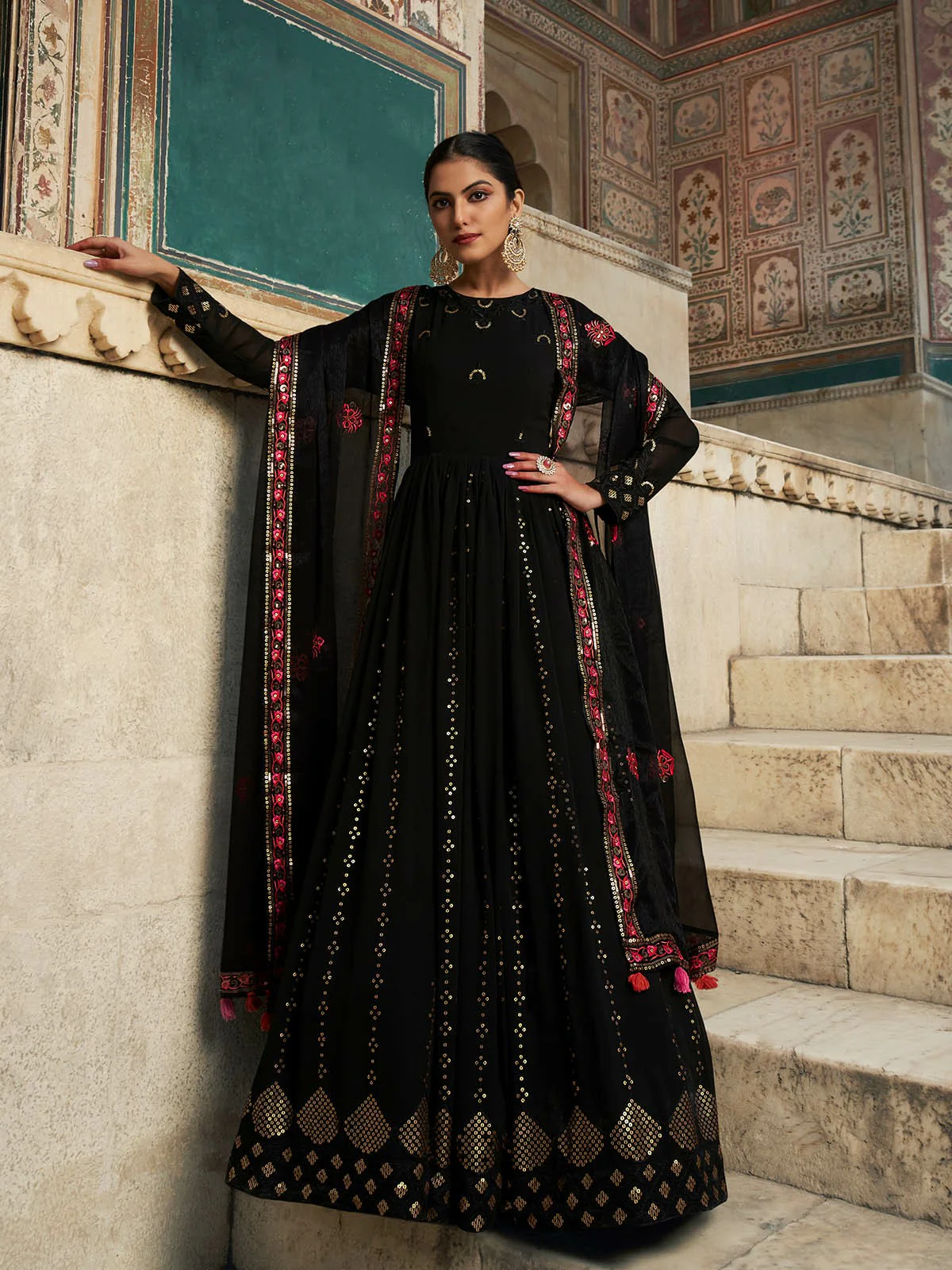 Odette Women Designer Black Georgette Semi Stitched Gown - Image 2