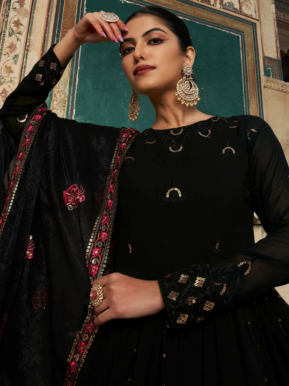 Odette Women Designer Black Georgette Semi Stitched Gown - Image 3
