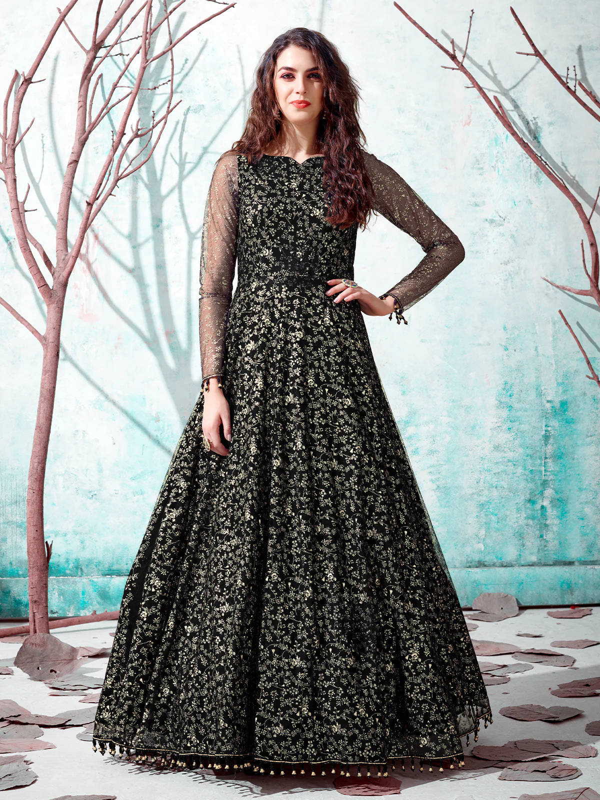 Odette Women Designer Black Net Semi Stitched Gown