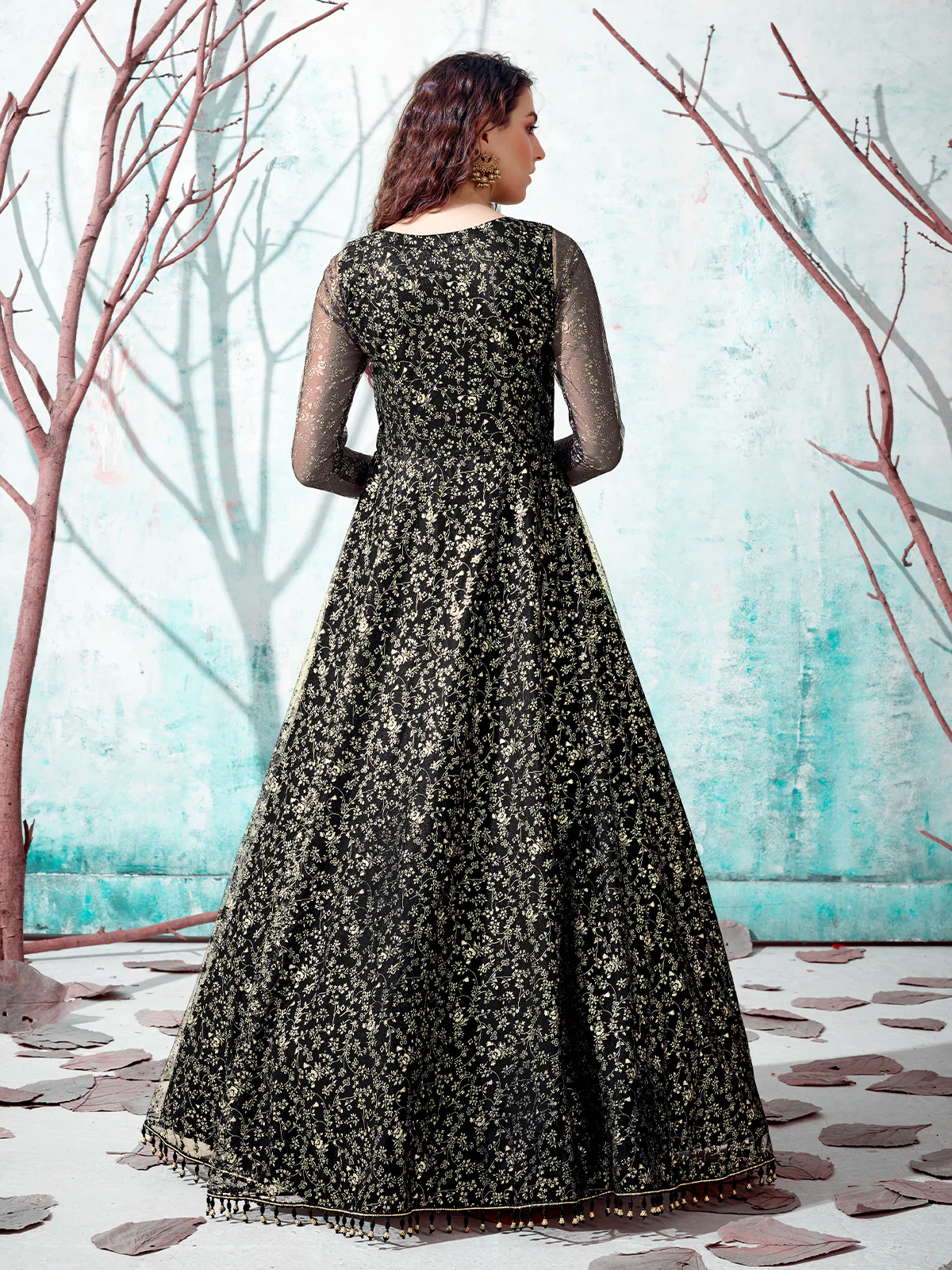 Odette Women Designer Black Net Semi Stitched Gown - Image 4